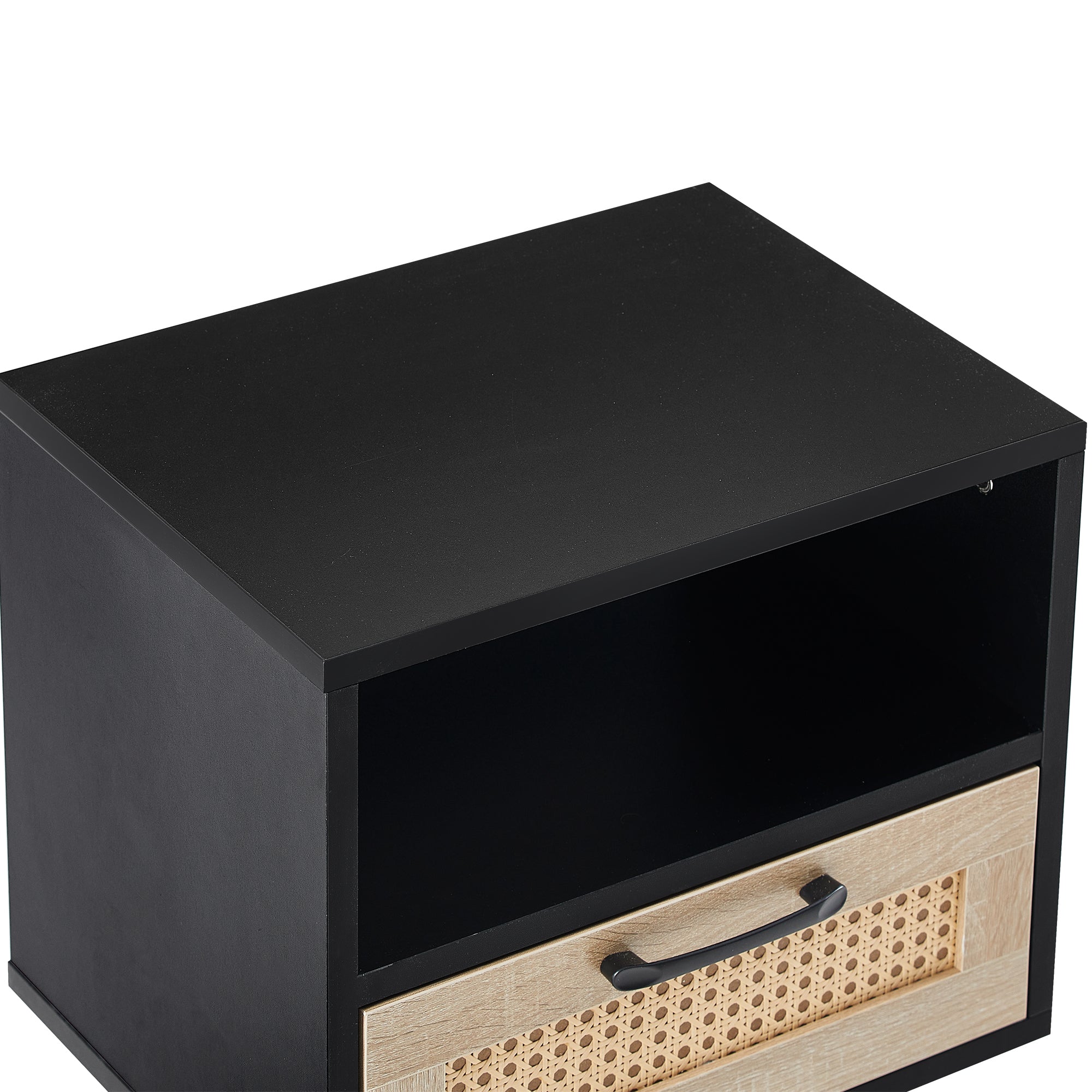 15.75" Rattan End table with drawer and solid wood legs Modern nightstand side table for living room black
