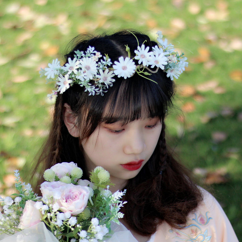 Fresh flower garland headwear hand woven fabric small daisy flower spring fairy outdoor hair accessory