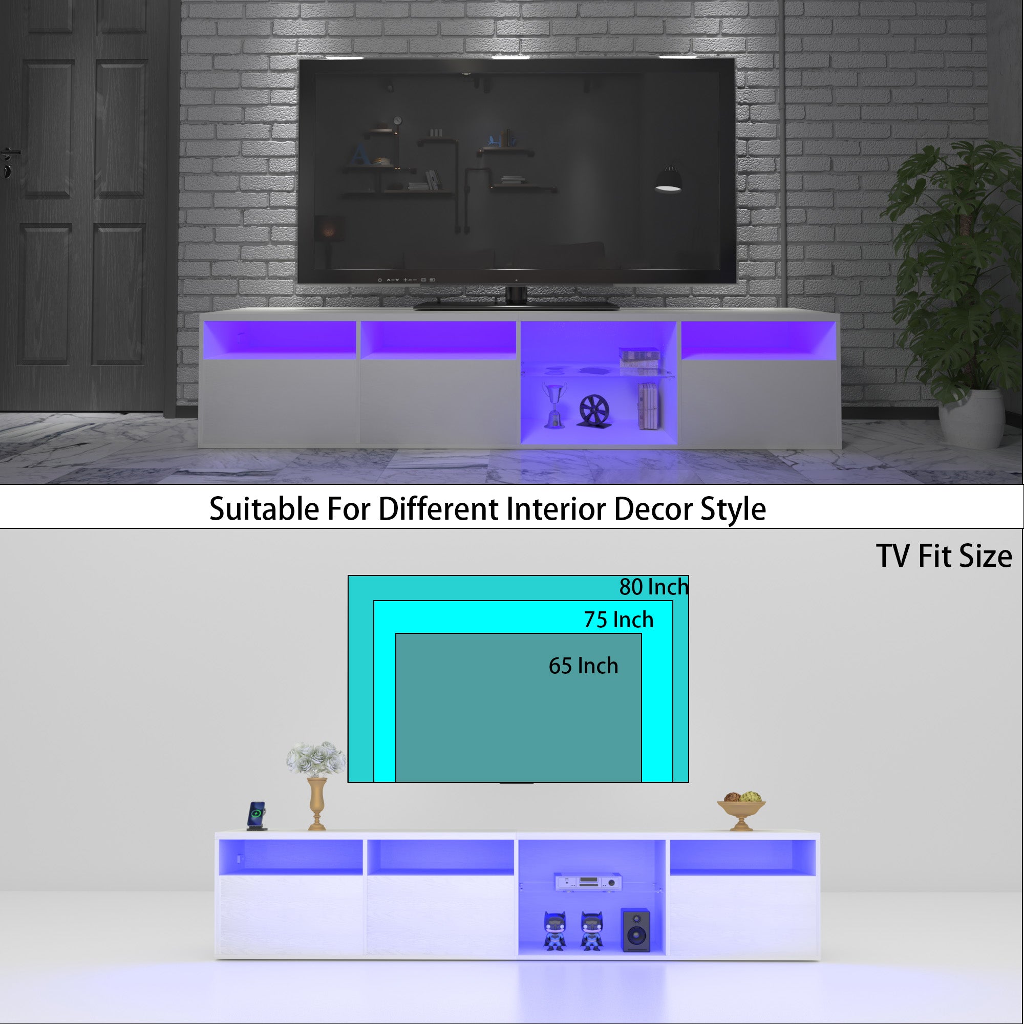 TV console with storage cabinet, 82.6-inch long LED TV stand with 31 mode switching lights (white, suitable for 75/80 inch TVs)