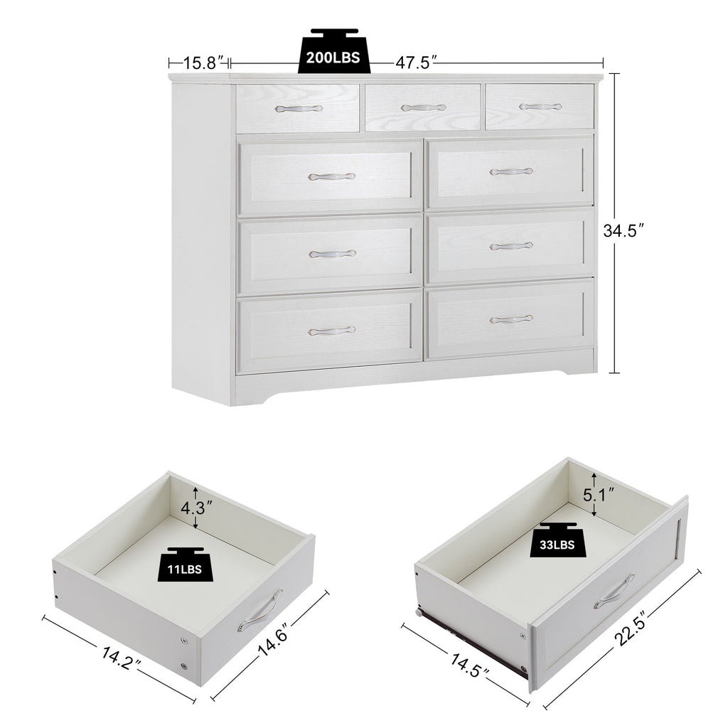 Bedroom dresser 9 drawer long dresser with antique handles wood chest of drawers for kids room 47.56''W x 15.75''D x 34.45''H