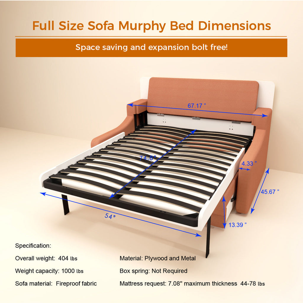 Full size Morden Deisgn vertical Murphy bed with sofa and drawers, white wall bed, space saving hidden bed with new gas pillars