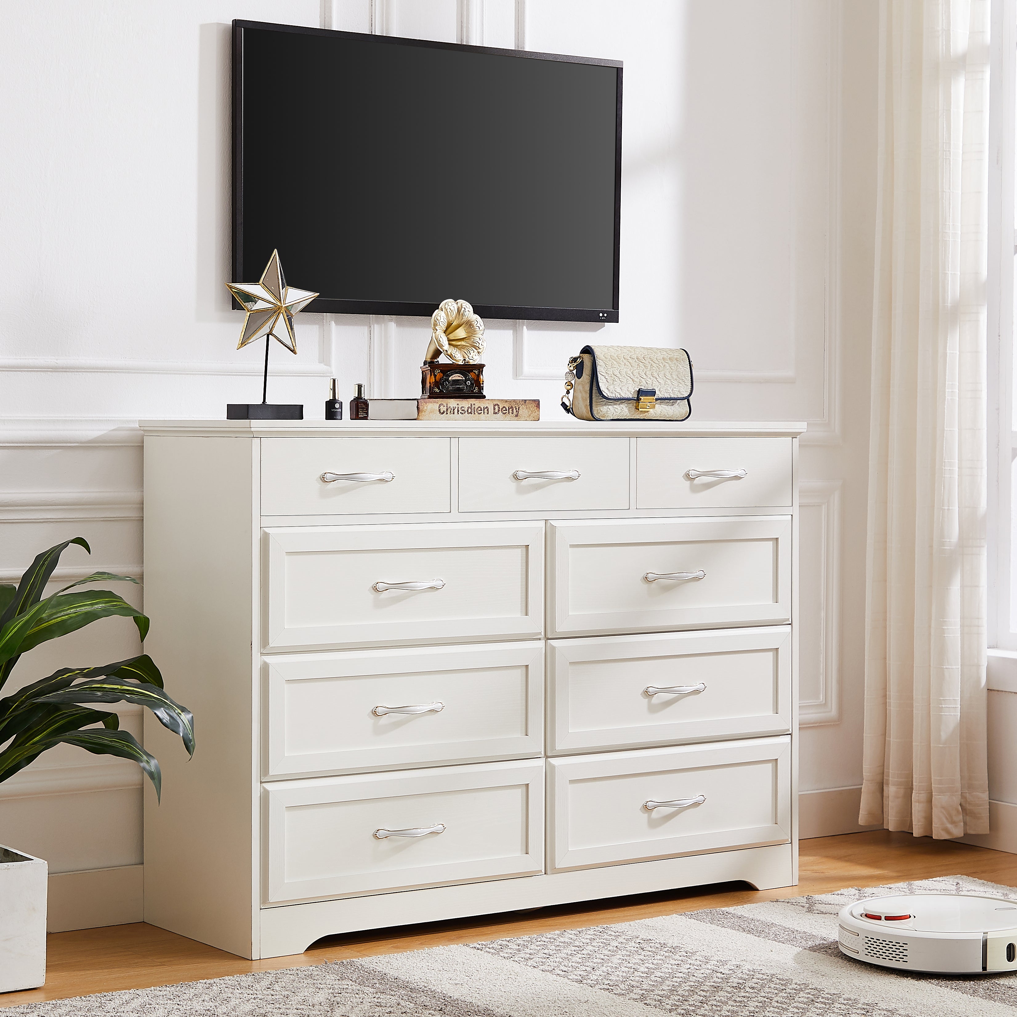 Bedroom dresser 9 drawer long dresser with antique handles wood chest of drawers for kids room 47.56''W x 15.75''D x 34.45''H