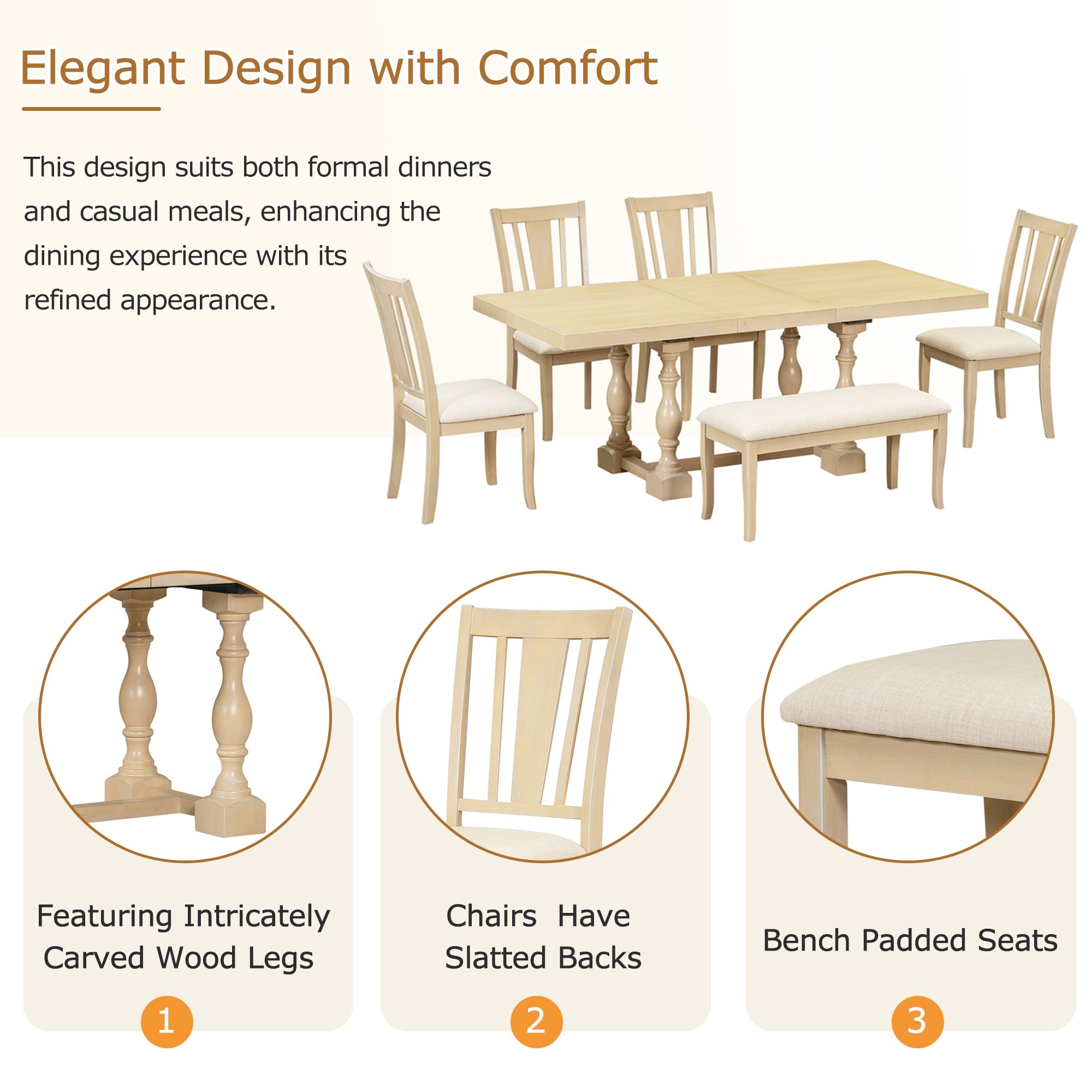 Traditional 6-Piece 78inch Trestle Extendable Dining Table Set with One 18inch Removable Leaf Padded Dining Chairs Bench,Natural