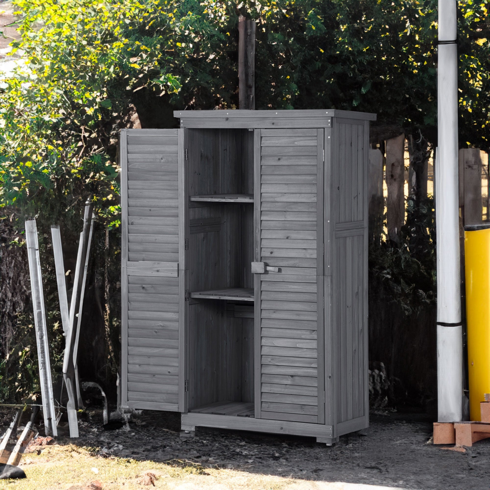 Wooden Garden Shed 3-tier Patio Storage Cabinet Outdoor Organizer Wooden Lockers with Fir Wood (Gray Wood Color -Shutter Design)