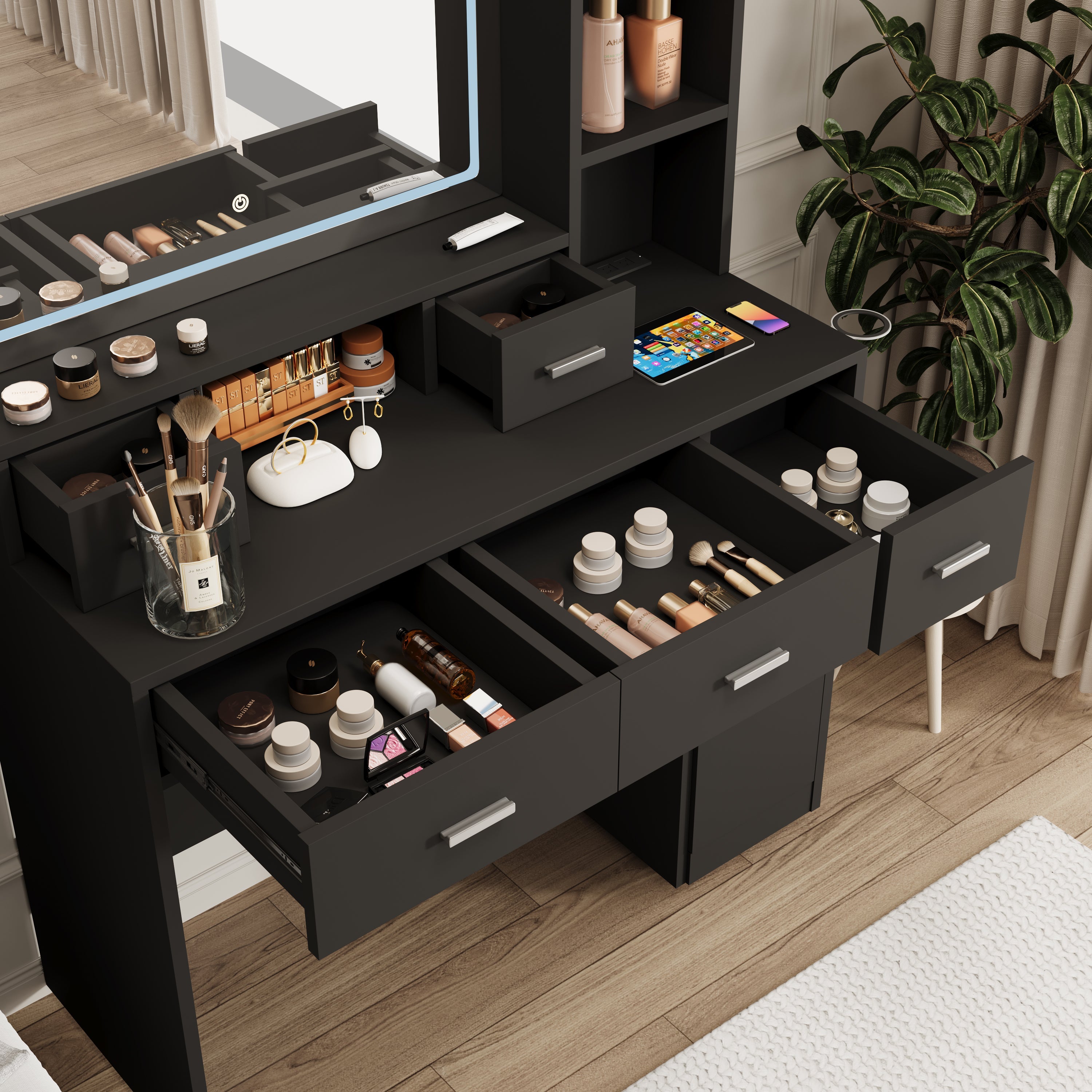Smart mirror dressing table with drawers and storage cabinets