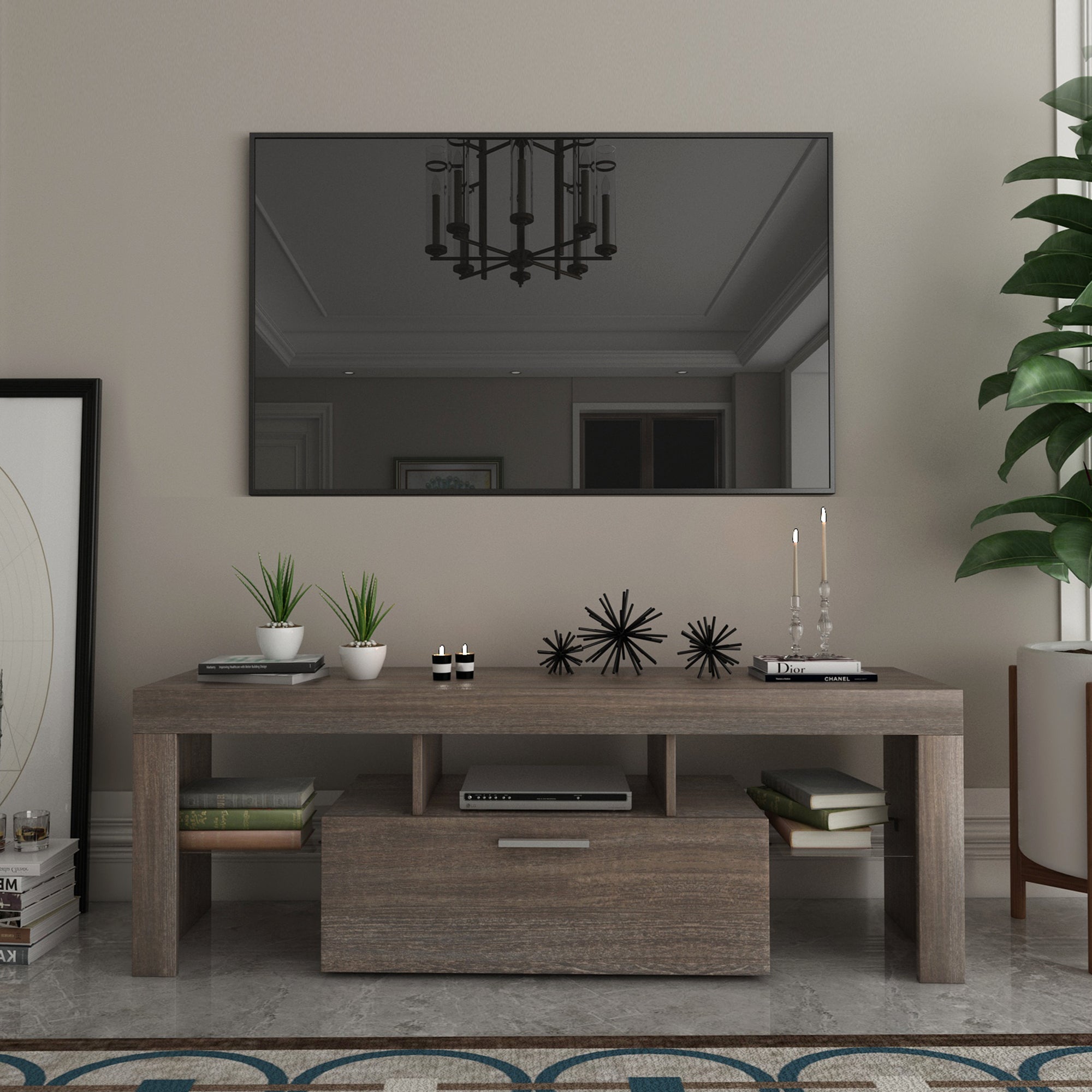 20 minutes quick assembly brown simple modern TV stand Brown TV bracket with LED Color Changing Lights for Living Room