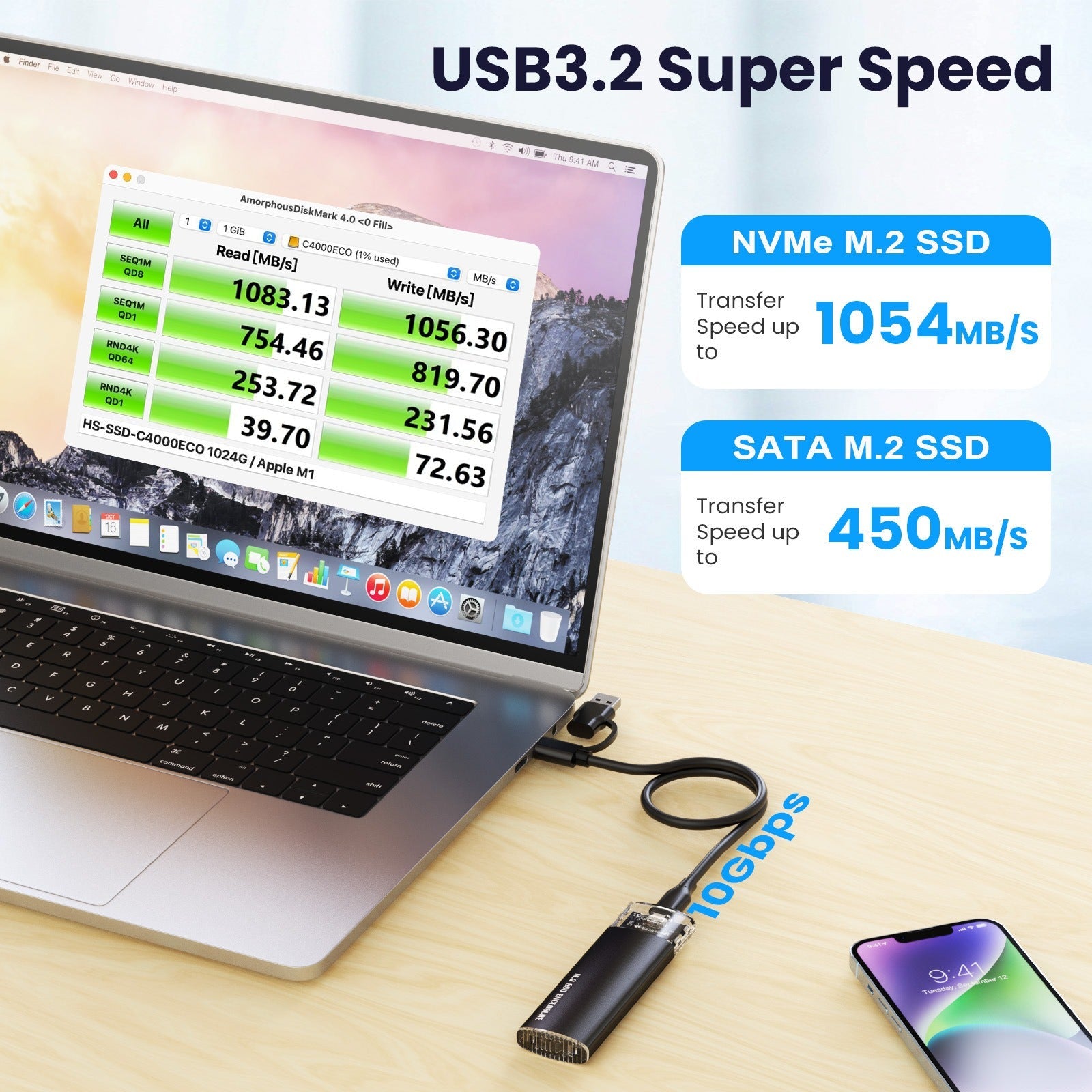 Tool free portable hard drive case transparent NVMe 10Gb M2 solid-state drive case type-C3.1