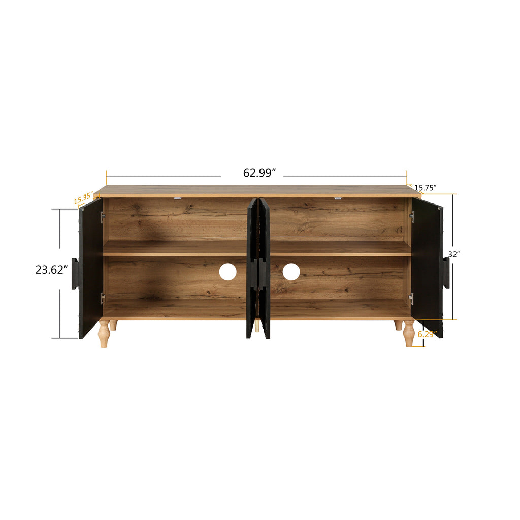 Black Carved Symmetrical Design Door And Wood Coloured Frame For TV Stand Table,Living Room ,Entryway