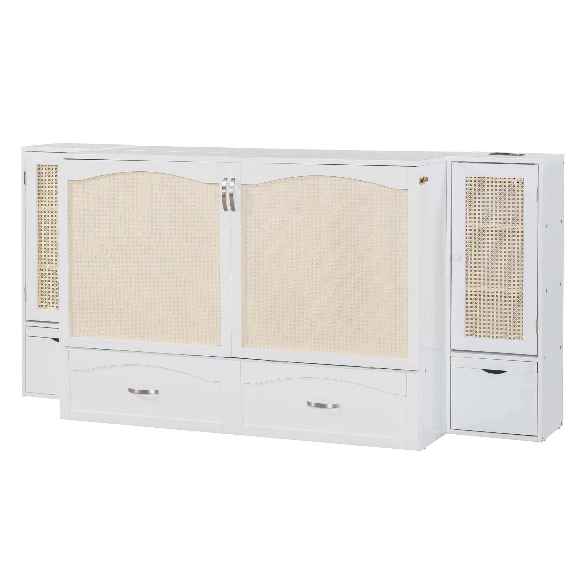 Large Murphy bed wall mounted bed with drawers, 2 storage cabinets, 1 set of sockets and USB ports, white