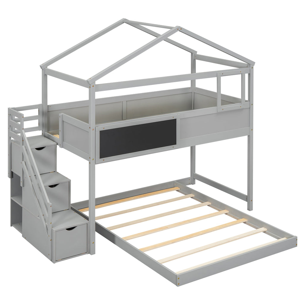 Twin over Full House Bunk Bed with Storage Staircase and Blackboard Gray