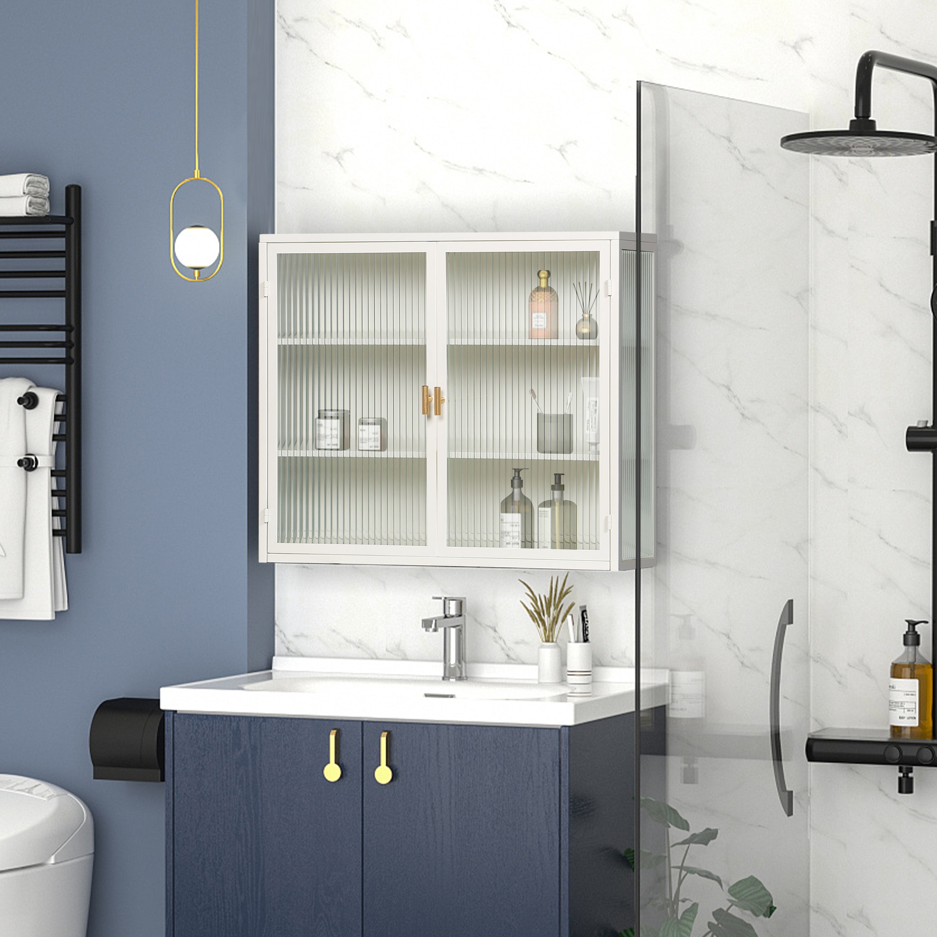 27.56"Glass Doors Modern Two-door Wall Cabinet with Featuring Three-tier White