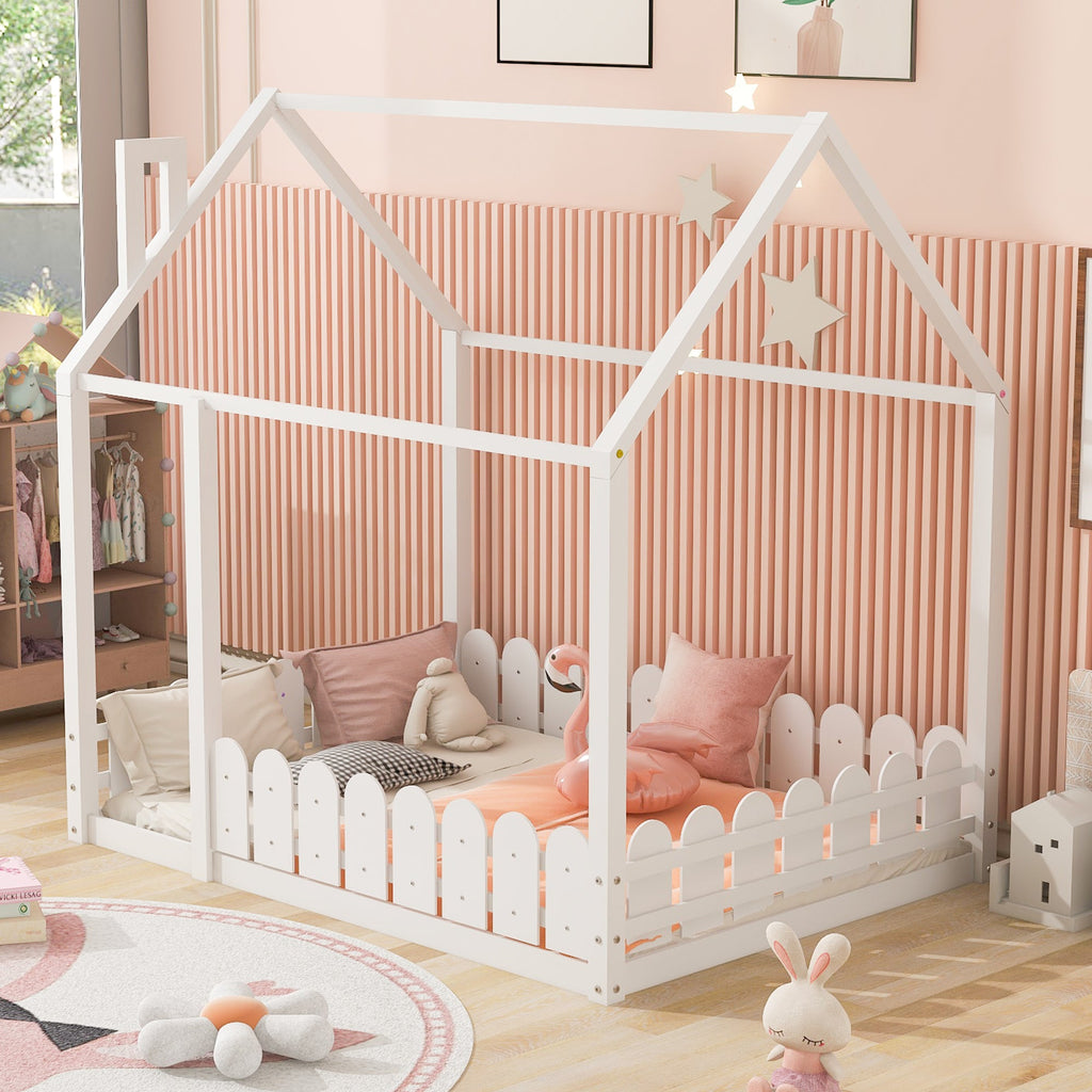 (Slats are not included) Full Size Wood Bed House Bed Frame with Fence for Kids Teens Girls Boys (White )