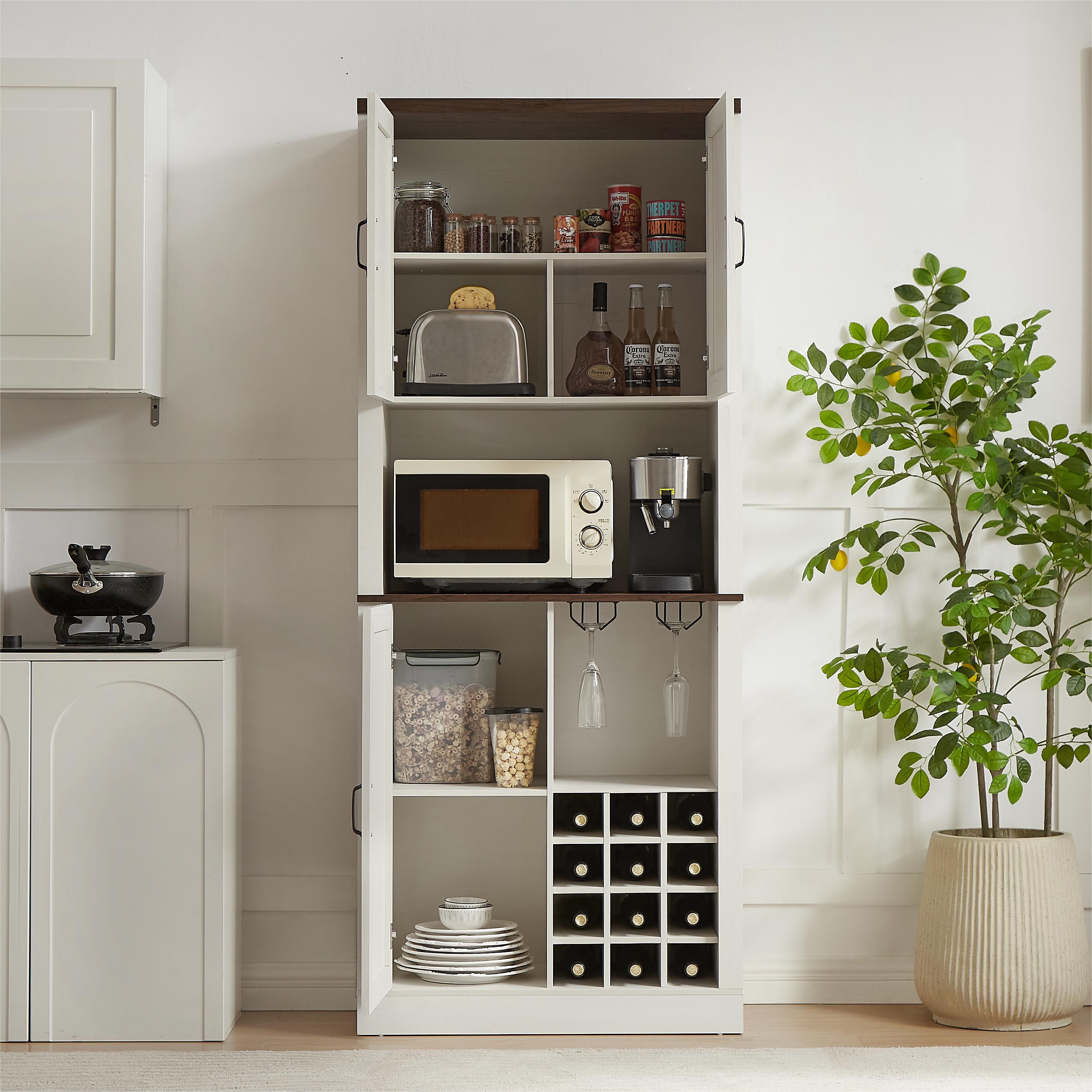 76 Inch Tall Farmhouse Kitchen Faux Rattan Wine Cabinet, Kitchen Bar Cabinet with Square Compartments and Shelves
