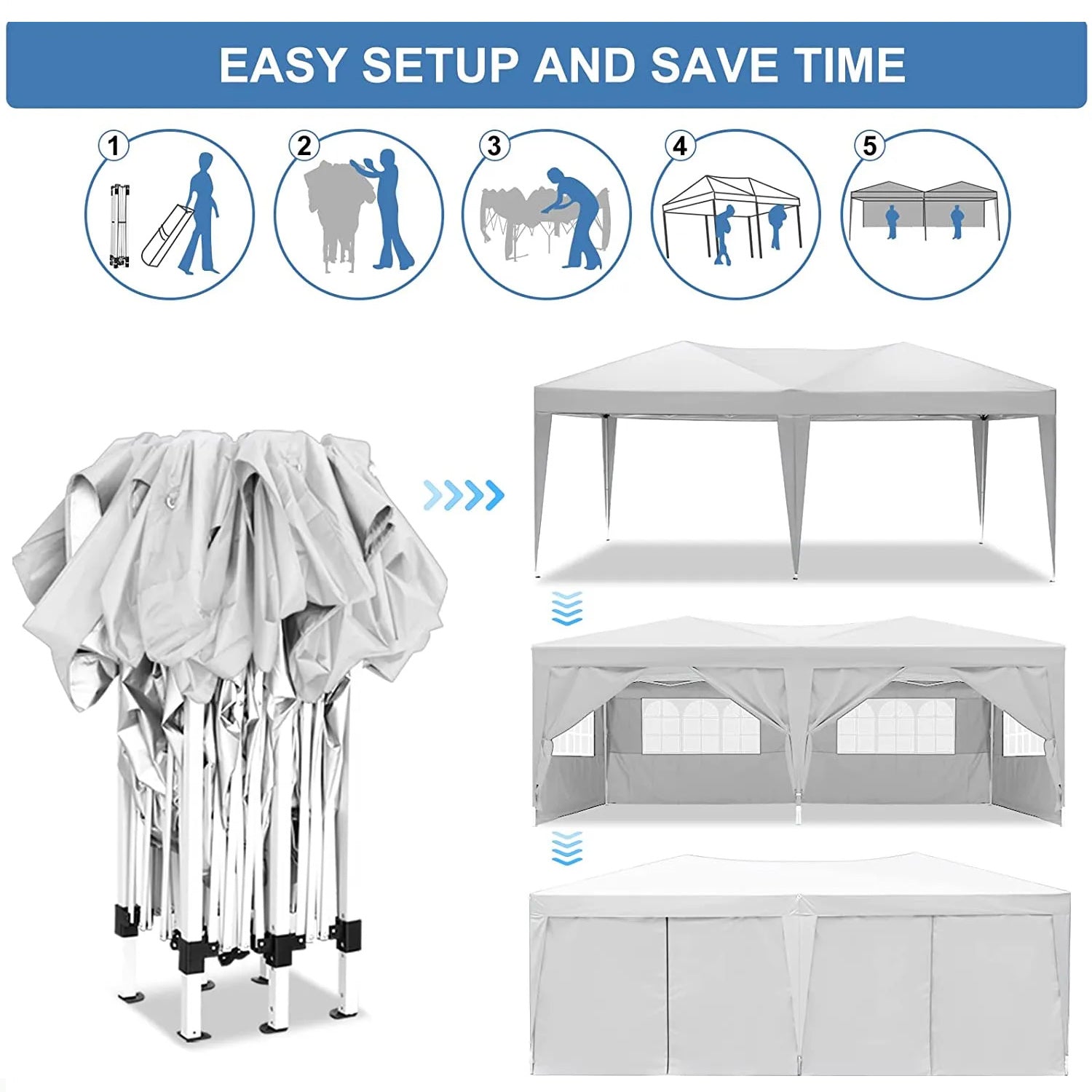 10'x20 'folding canopy with 6 detachable side walls outdoor activity shelters UPF 50+terrace portable tent (white)