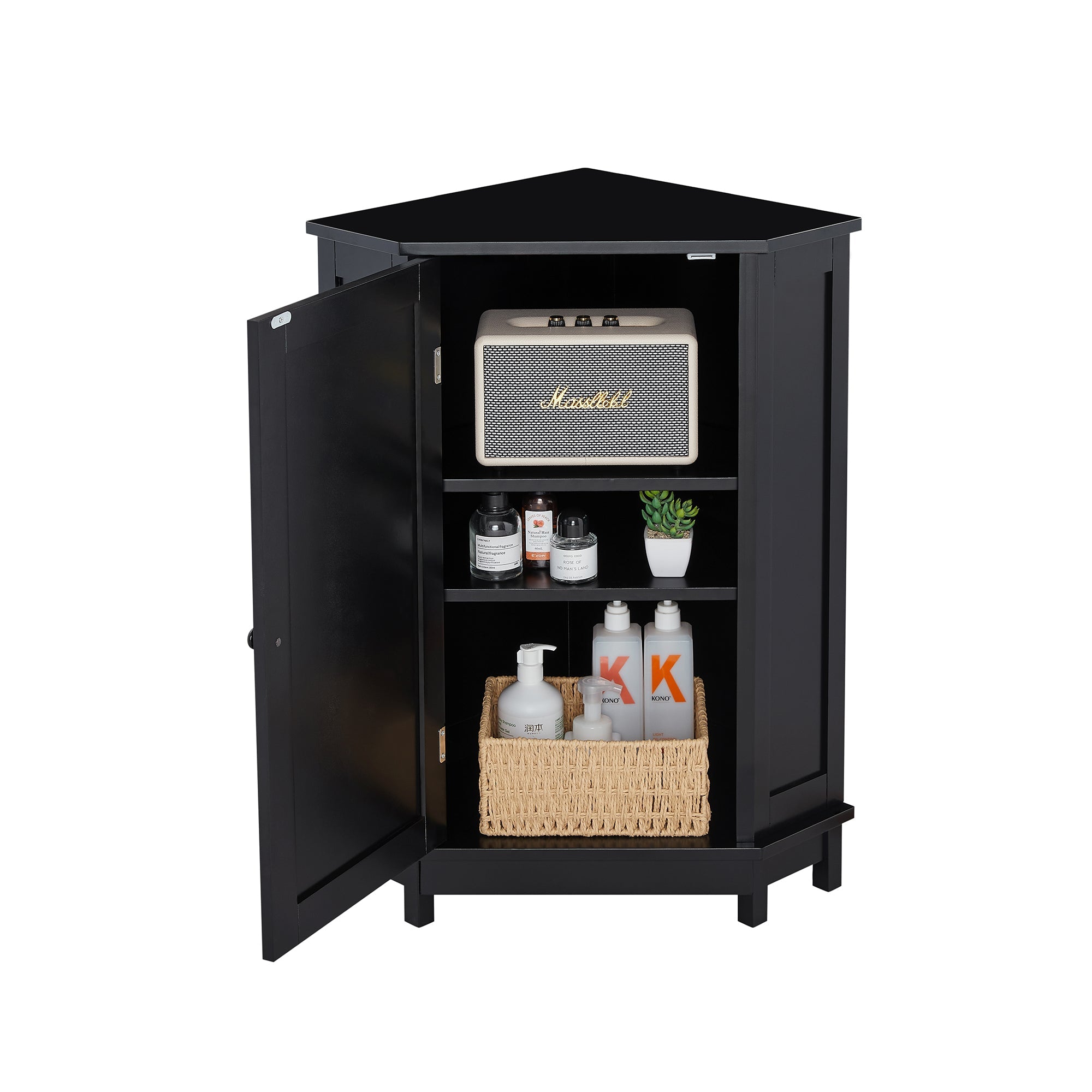 Black Bathroom Cabinet Triangle Corner Storage Cabinet with Adjustable Shelf Modern Style MDF Board
