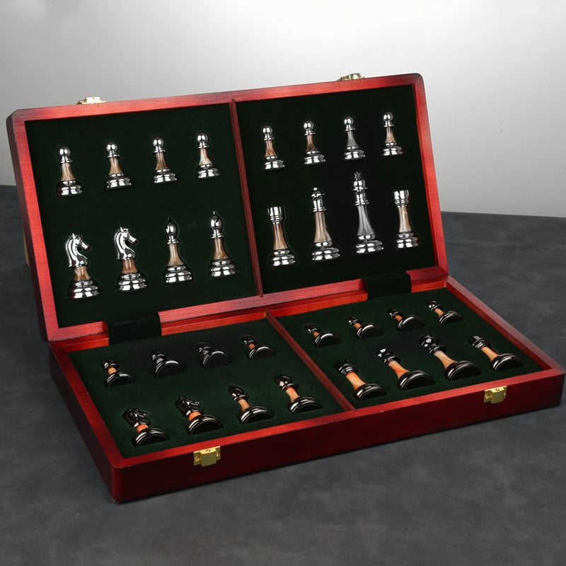 Solid wood folding chessboard imitation jade chess pieces Western chess retro European ornaments
