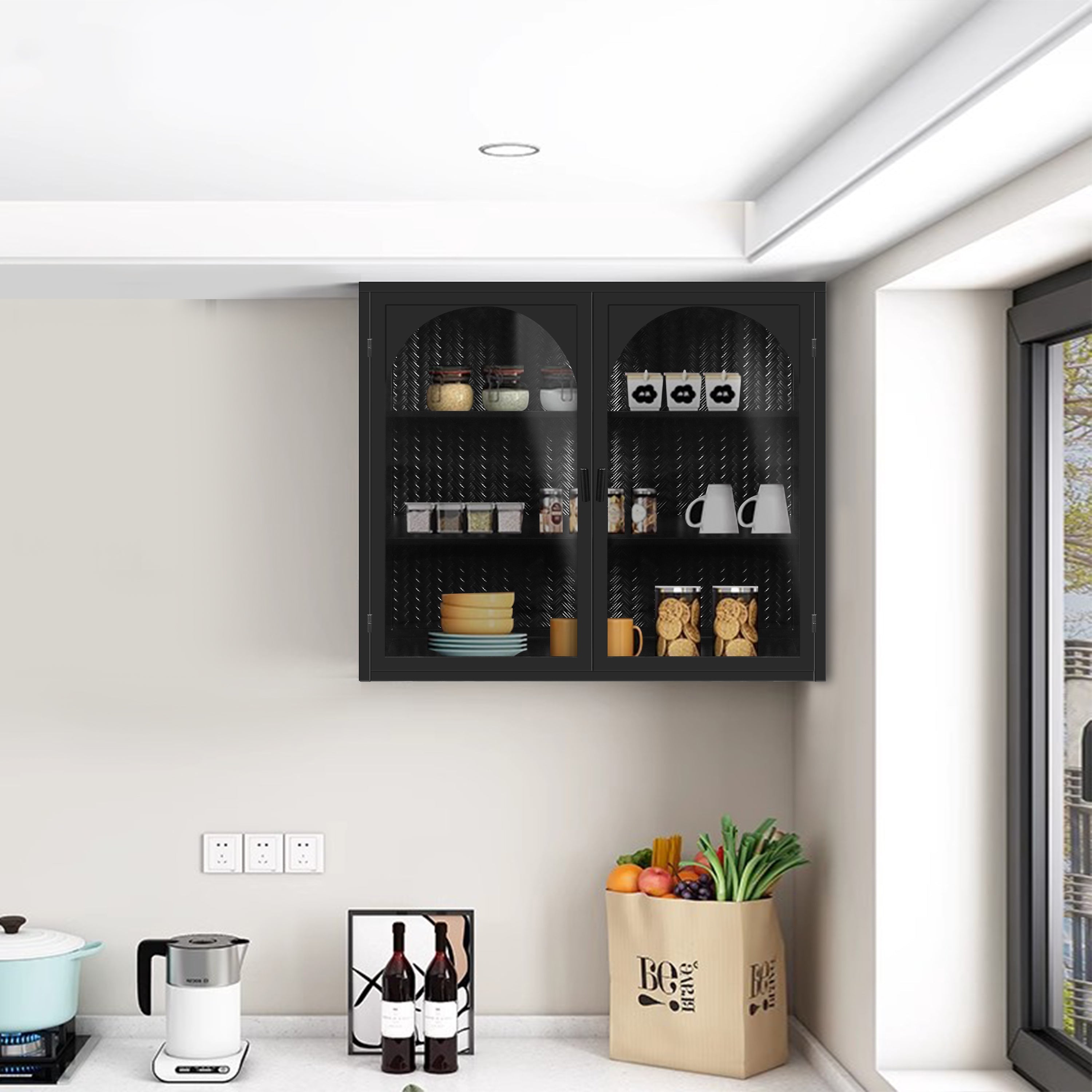 27.56"Glass Doors Modern Two-door Wall Cabinet with Featuring Three-tier Storage Black