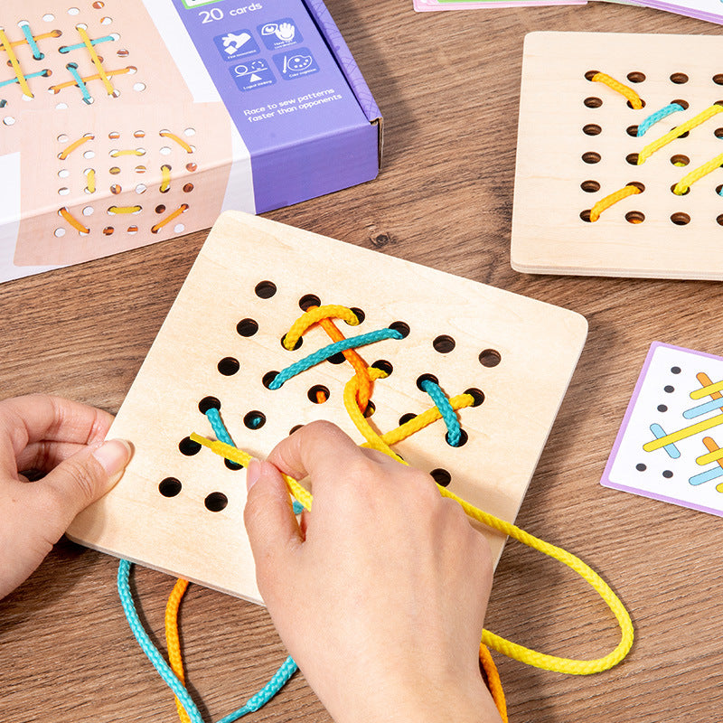 Montessori Early Education Children's Double Battle Pattern Rope Wearing Game Exercise Baby's Hand Eye Coordination Toy