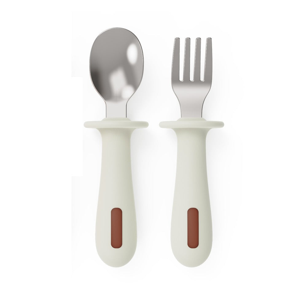 Adjustable color PPSU silicone fork and spoon set, children's stainless steel spoon and fork, baby training supplementary food tableware set of 2 pieces