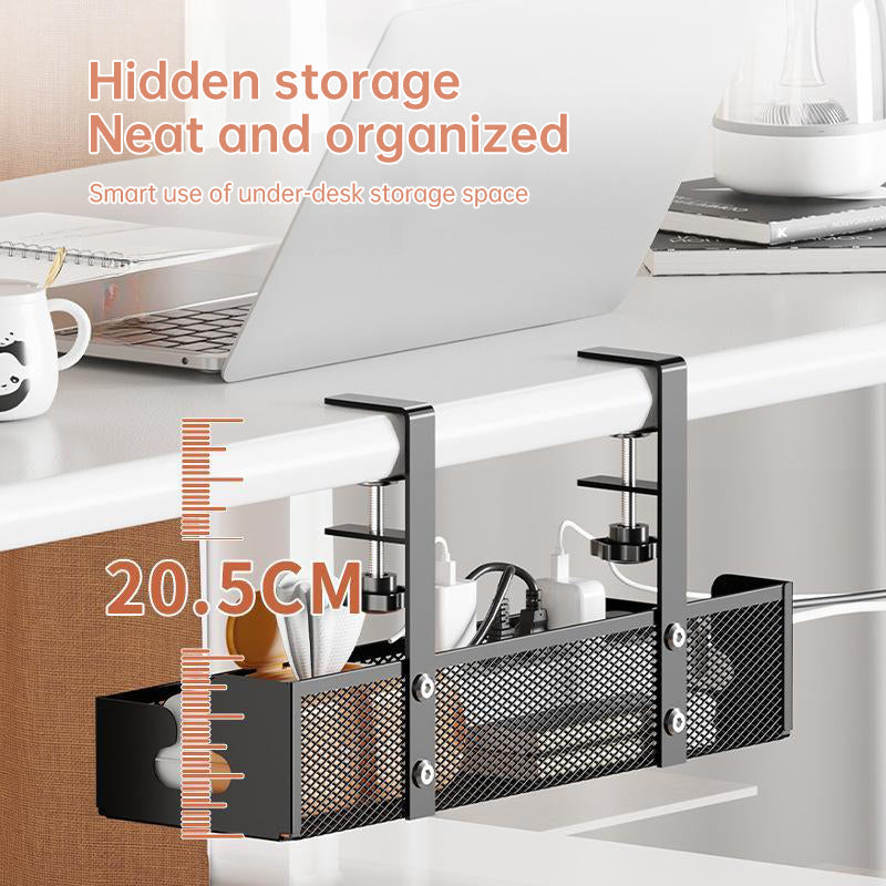 No-drill under-desk cord rack: metal mesh, high-load cable holder.
