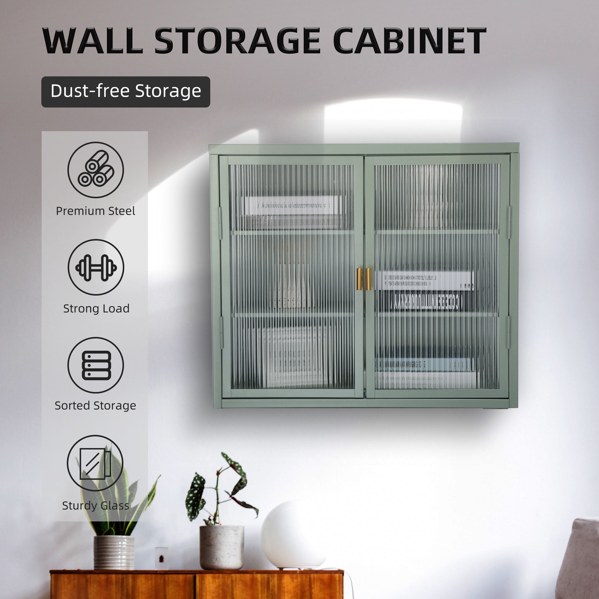 Retro Style Haze Double Glass Door Wall Cabinet With Detachable Shelves for Office Dining Room Living Room Kitchen