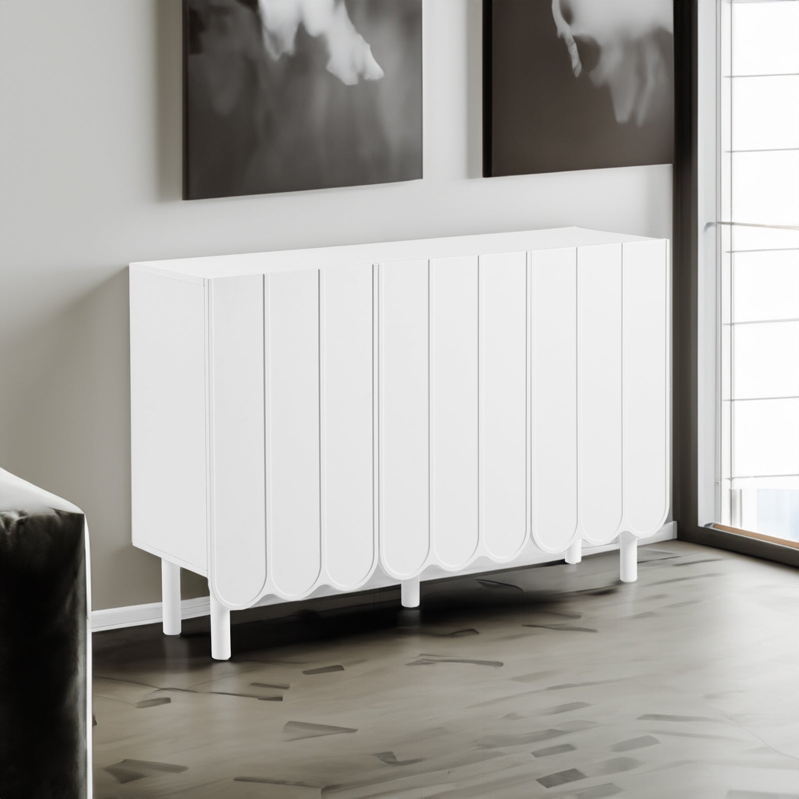 ON-TRANS Cream Style Shoe Cabinet with 5 Adjustable Solid Wood Legs, Large Storage Cabinet with Wave Doors, White