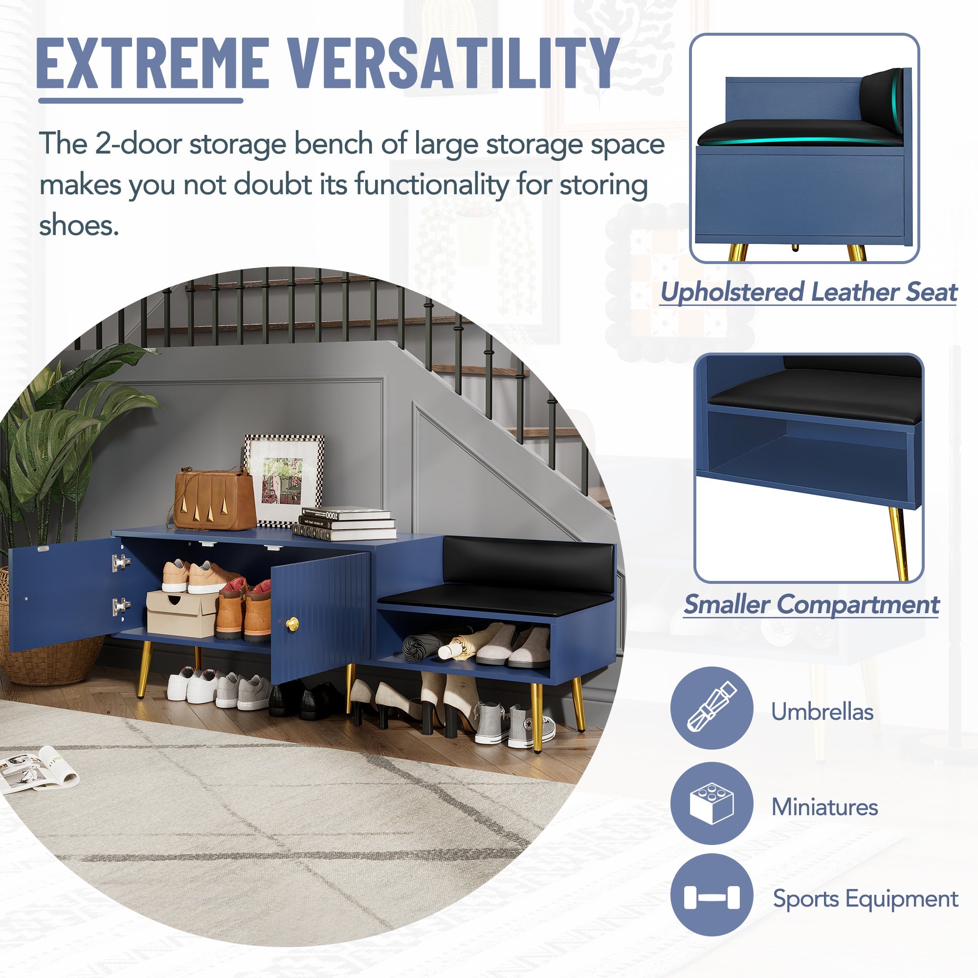 Modern Shoe Storage Bench with Hidden Storage and Upholstered Cushions for Bedside, Living Room and Entryway (Navy)