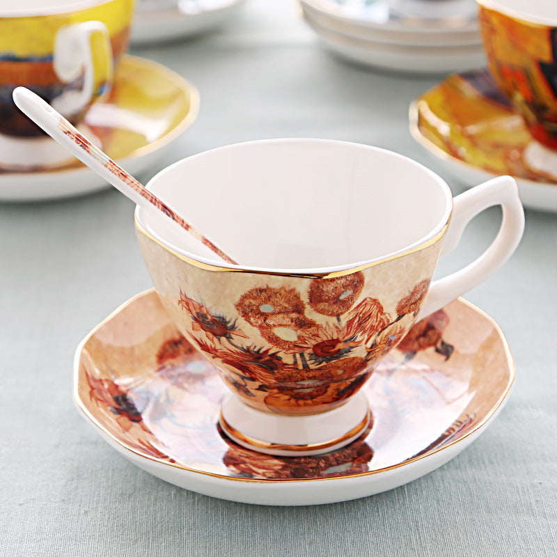 British Luxe Saucer and Spoon Afternoon Tea Cup with Van Gogh Oil Painting Design, Bone China Coffee Cup, Creative Souvenir Ceramic Mug