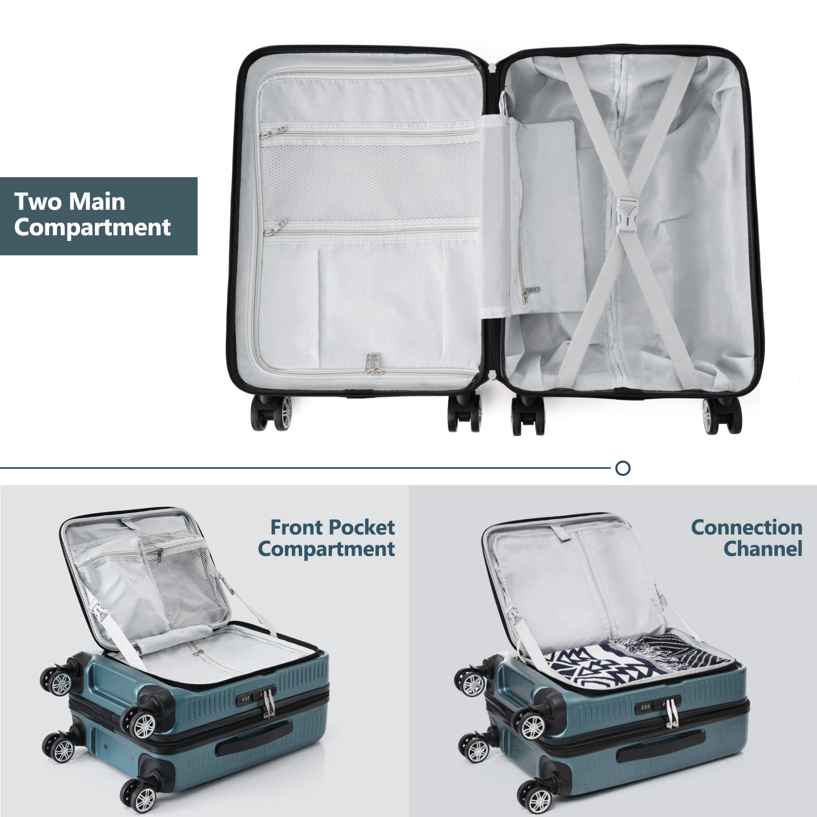 Carry-on Luggage 20 Inch Front Open Luggage Lightweight Suitcase with Front Pocket and USB Port, 1 Portable Carrying Case  Blue