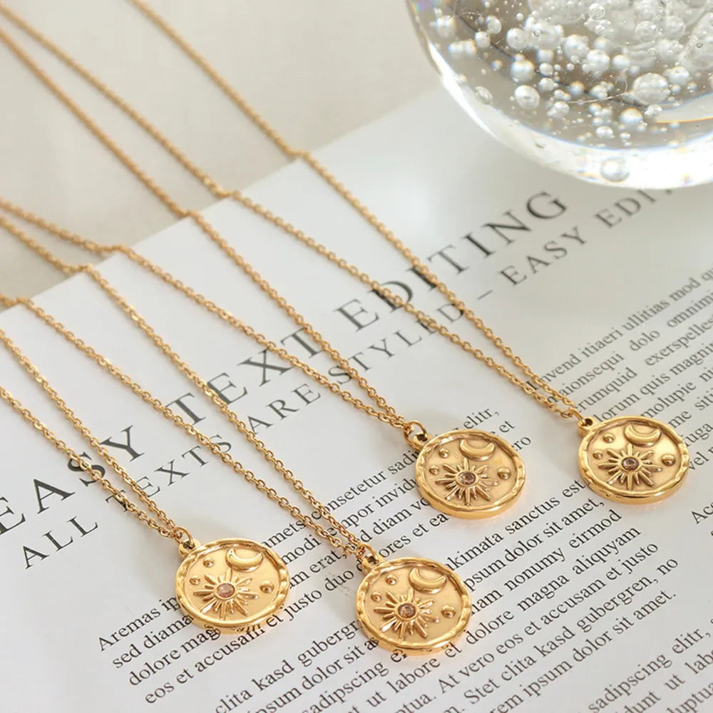 Zircon Star Moon Romantic Necklace Titanium Steel Gold Plated Round Pendant Neck Chain