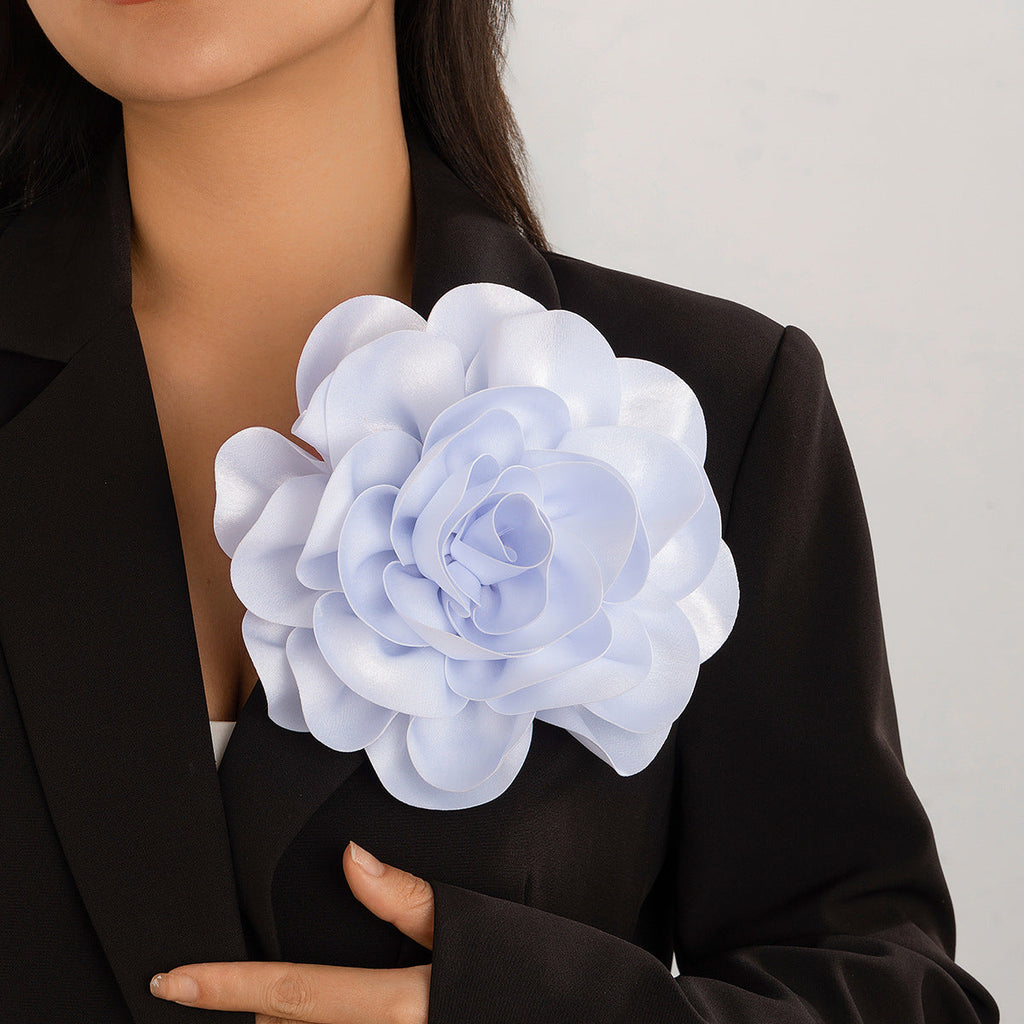 Hot selling satin fabric exaggerated large flower brooch duckbill clip dual-purpose rose chest flower pin