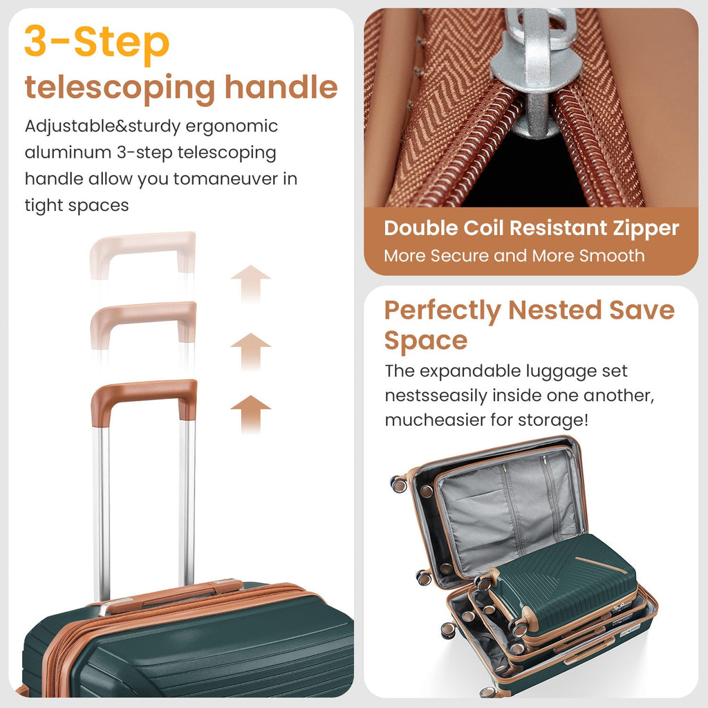 Luggage set of 4 pieces (14/20/24/28) with 4 360 degree silent rotating wheels made of PP material and durable TSA lock