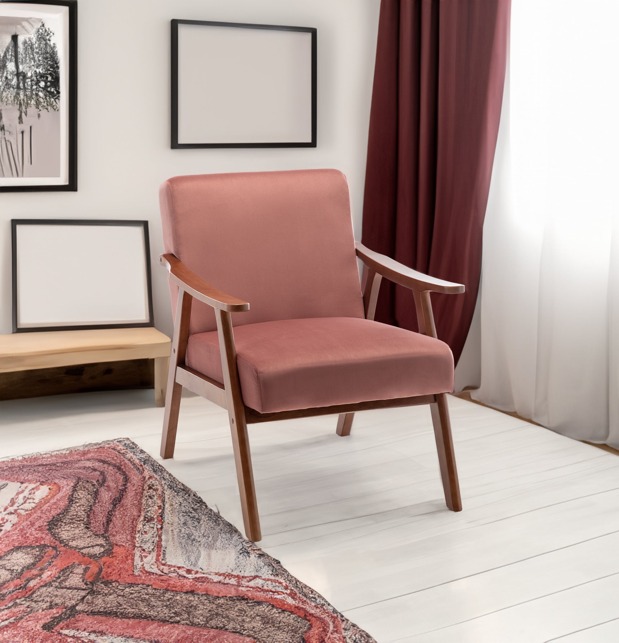 Mid-Century Modern Chair, Living Room Chair with Solid Wood Frame, Accent Chair Extra-Thick Backrest, Wingback Chair for Bedroom