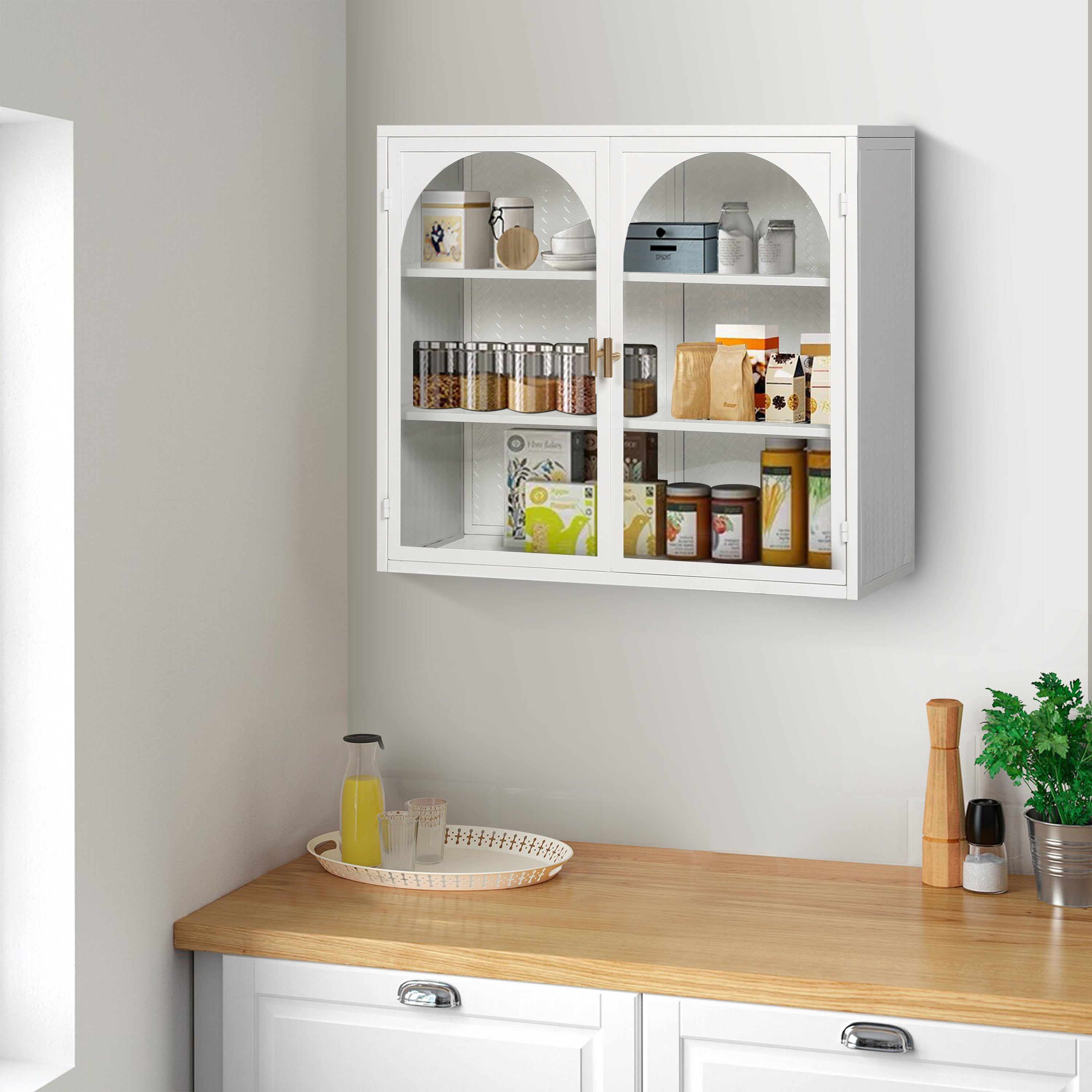 27.56"Glass Doors Modern Two-door Wall Cabinet with Featuring Three-tier Storage White