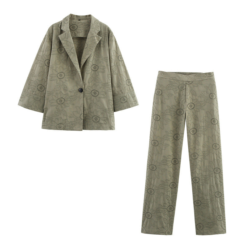 Elegant Embroidered Blazer and Straight Pants Set Style