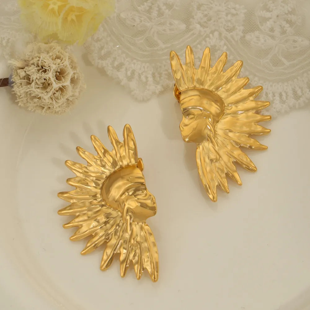 Geometric jewelry with wrinkled texture Indian style design titanium steel gold-plated earrings
