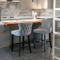 Velvet padded wing back bar stool with button tuft decoration and wooden leg chrome nail head decoration 2-piece set (gray)