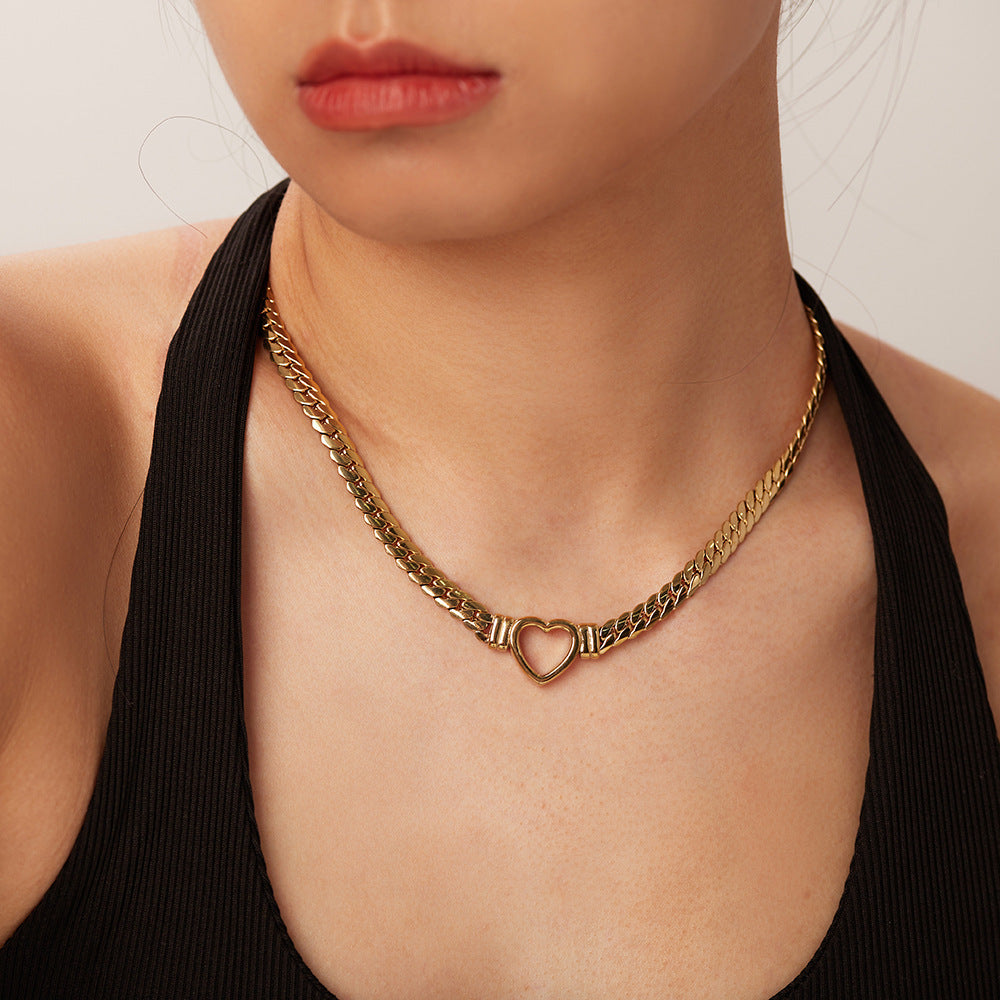 Stainless steel Cuban chain heart-shaped necklace with hollowed out flat snake chain heart pendant necklace for women