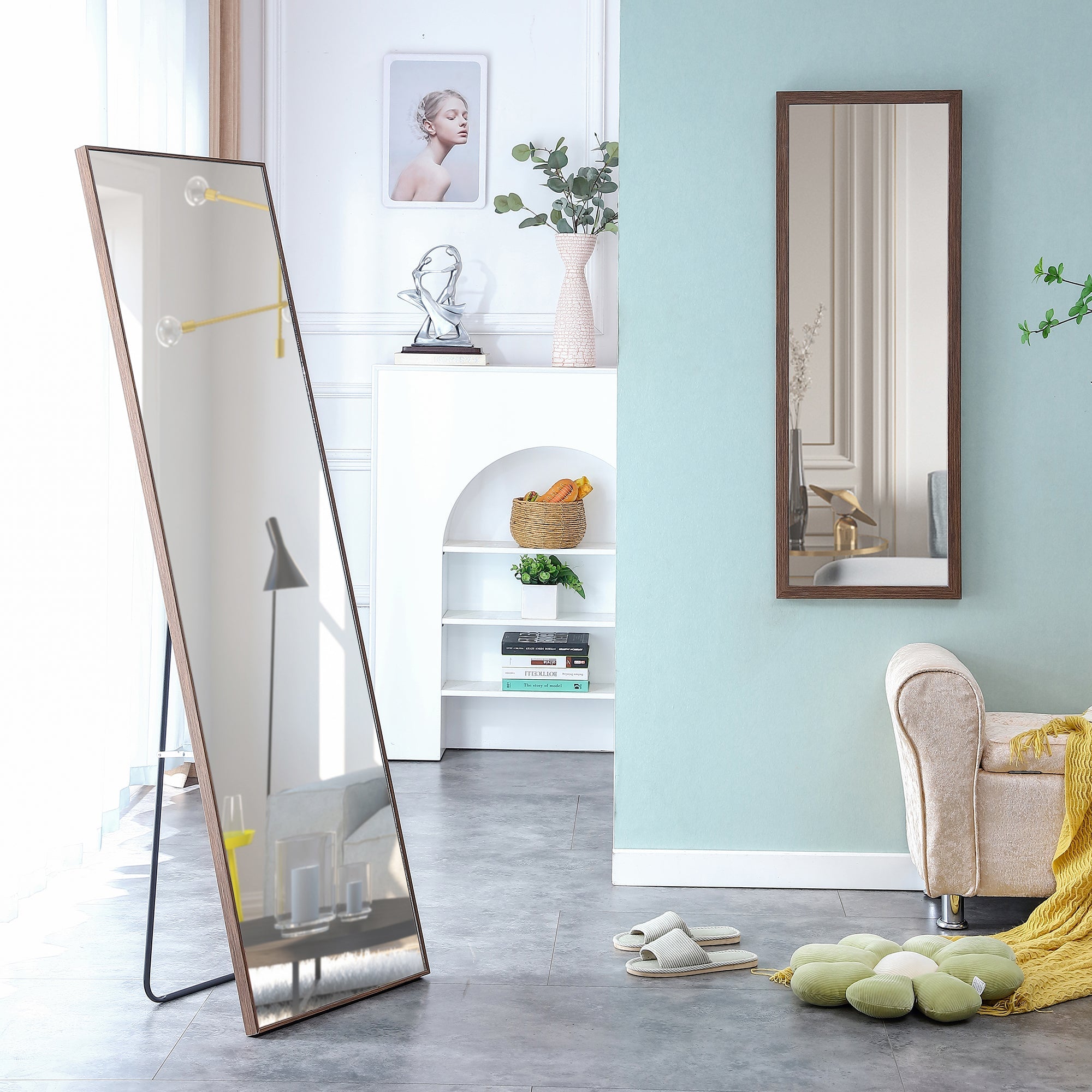 60x17 Brown Solid Wood Frame Full-length Mirror, Dressing Mirror, Bedroom Home Porch