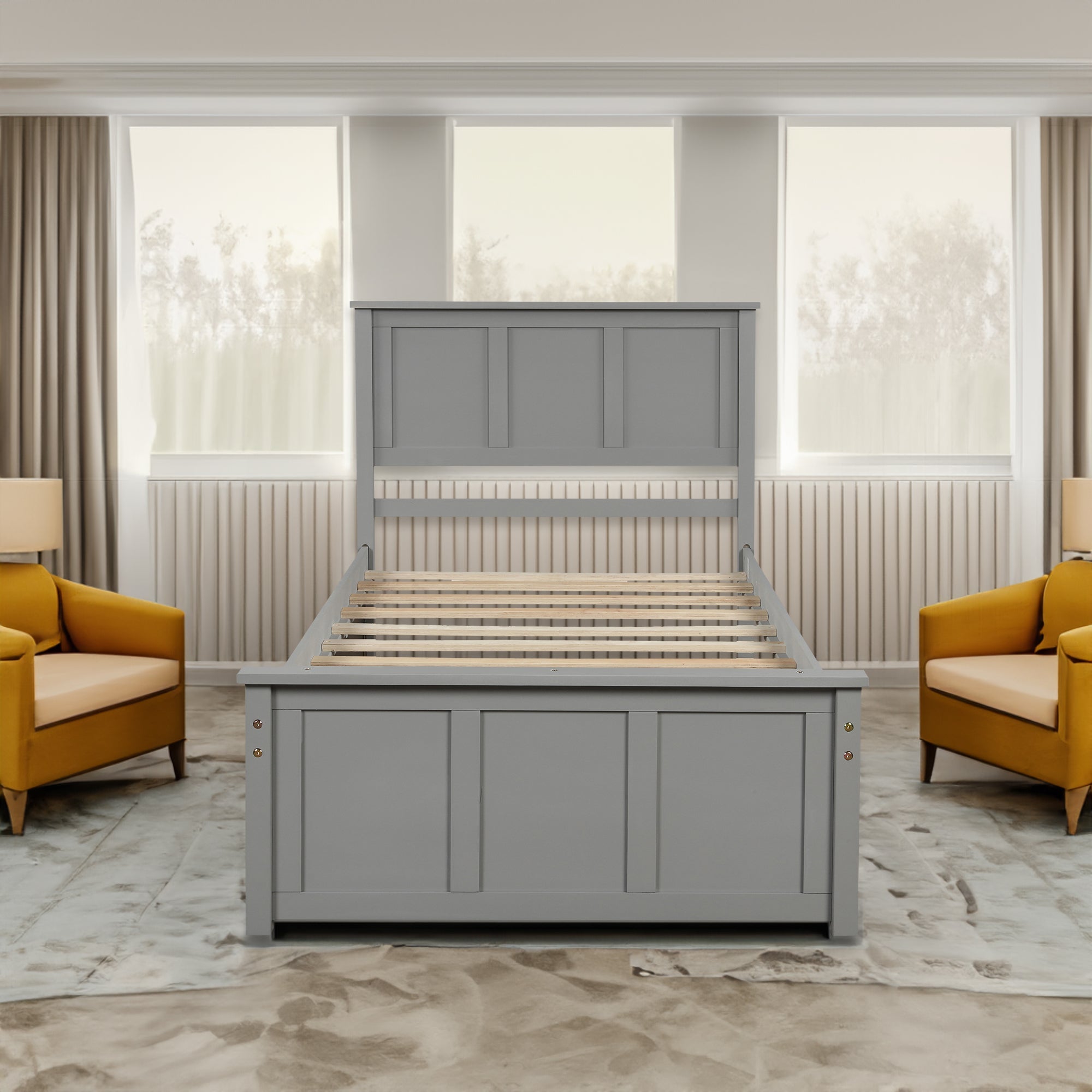 Platform Bed with Twin Size Trundle, Twin Size Frame, Gray