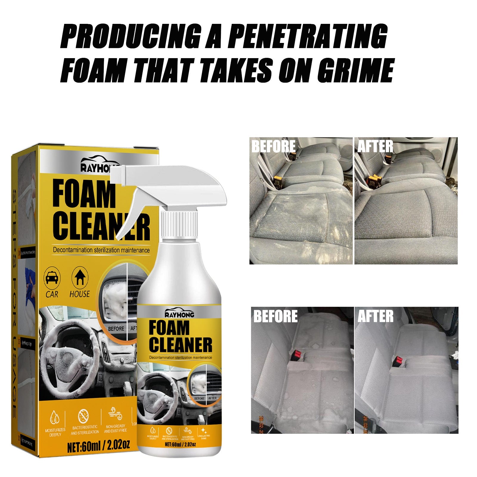 Car Interior Foam Cleaner, Wash Free Decontamination Seat Ceiling Instrument Panel Foam Cleaner
