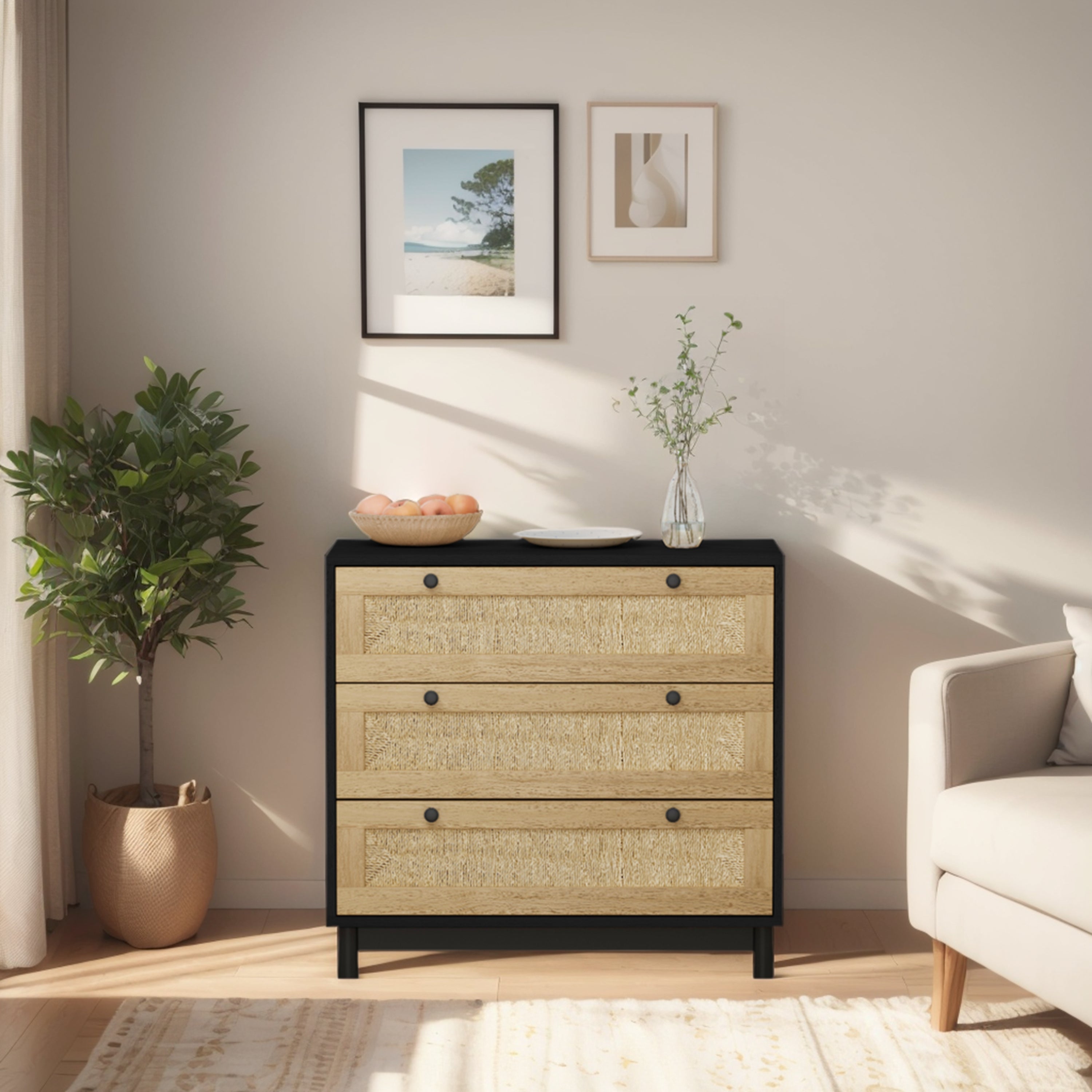 30.31"3-Drawers Storage Cabinet Rope Woven Drawer,for Bedroom,Living Room,Dining Room,Hallways,Black