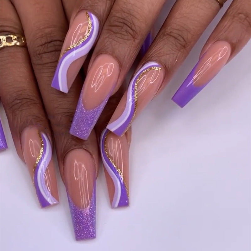 Purple Glitter Wearing Manicure French Geometric Lines Aurora Bright Nail Patches