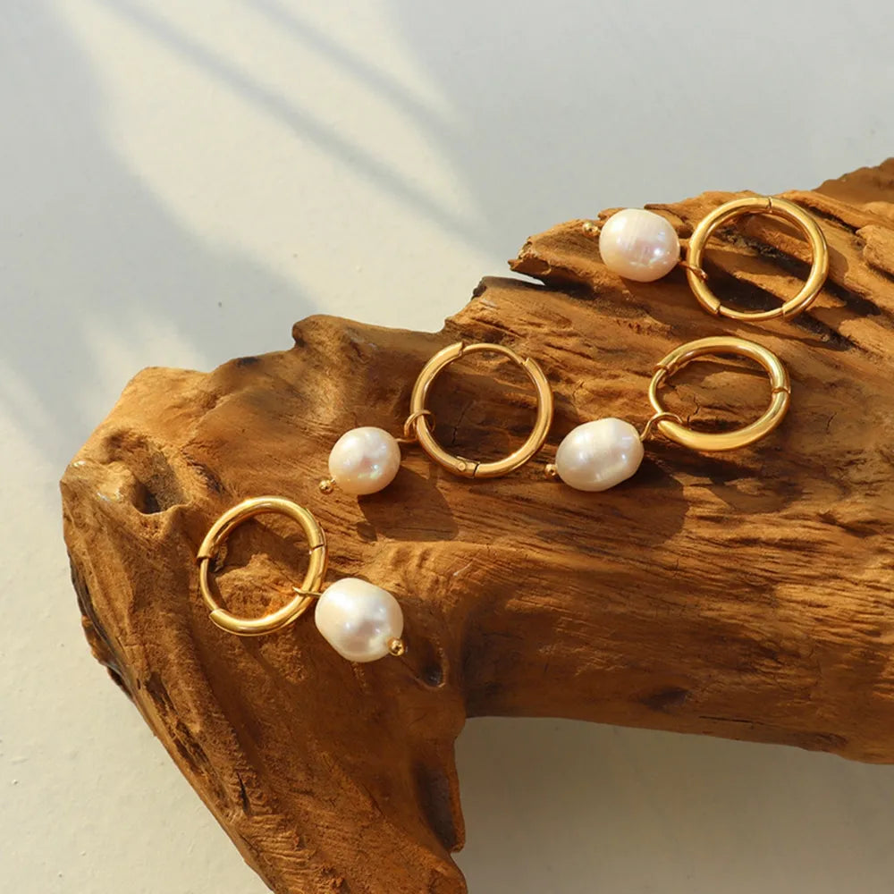 Retro earrings freshwater pearl ring earrings titanium steel 18K plated with real gold jewelry