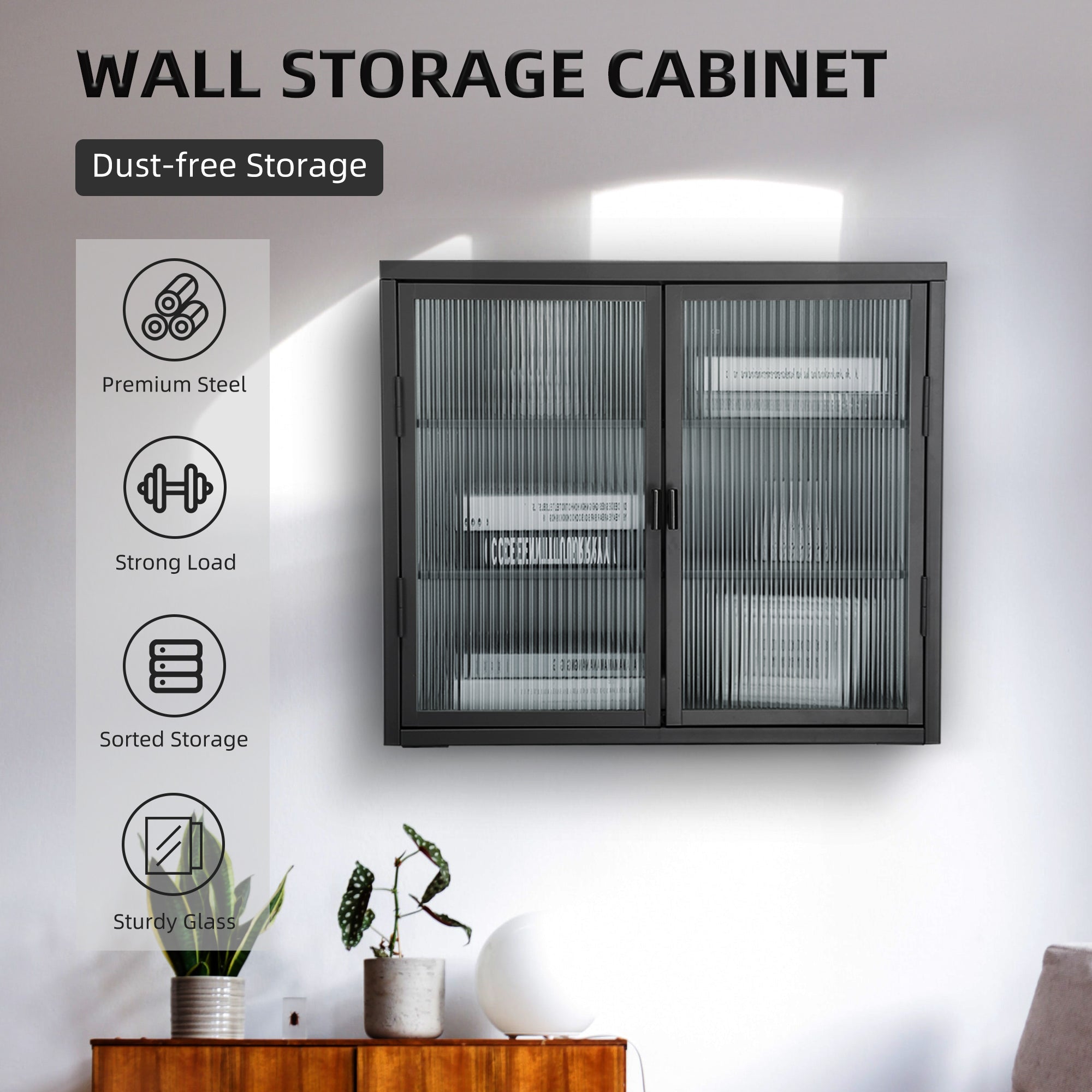 Retro Style Haze Double Glass Door Wall Cabinet With Detachable Shelves for Office Dining Room Living Room