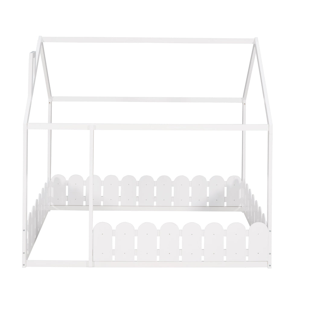 (Slats are not included) Full Size Wood Bed House Bed Frame with Fence for Kids Teens Girls Boys (White )