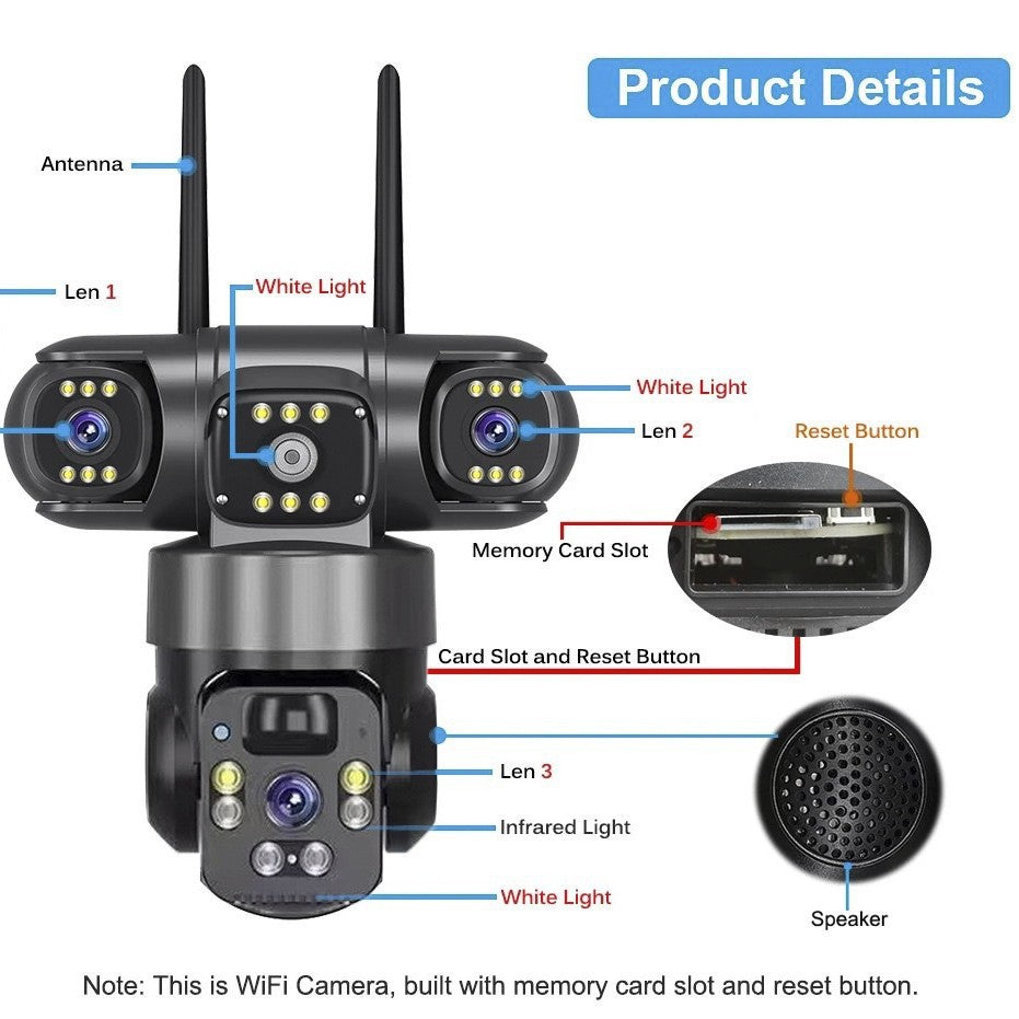 V380 360-Degree Panoramic 3-View 3-Lens Wireless WiFi/4G Solar-Powered Camera Surveillance System