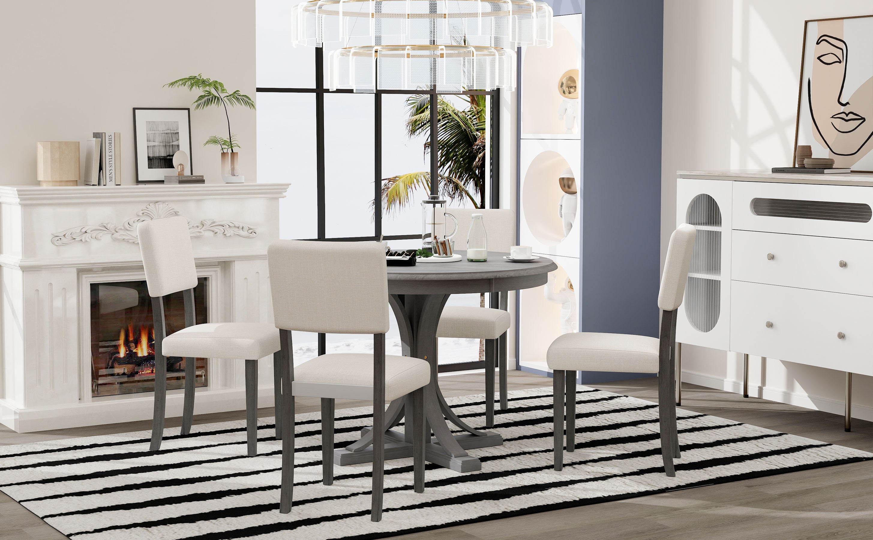 TREXM Five Piece Retro Round Dining Table Set with Curved Brackets and 4 Restaurant Cushioned Chairs (Dark Gray)