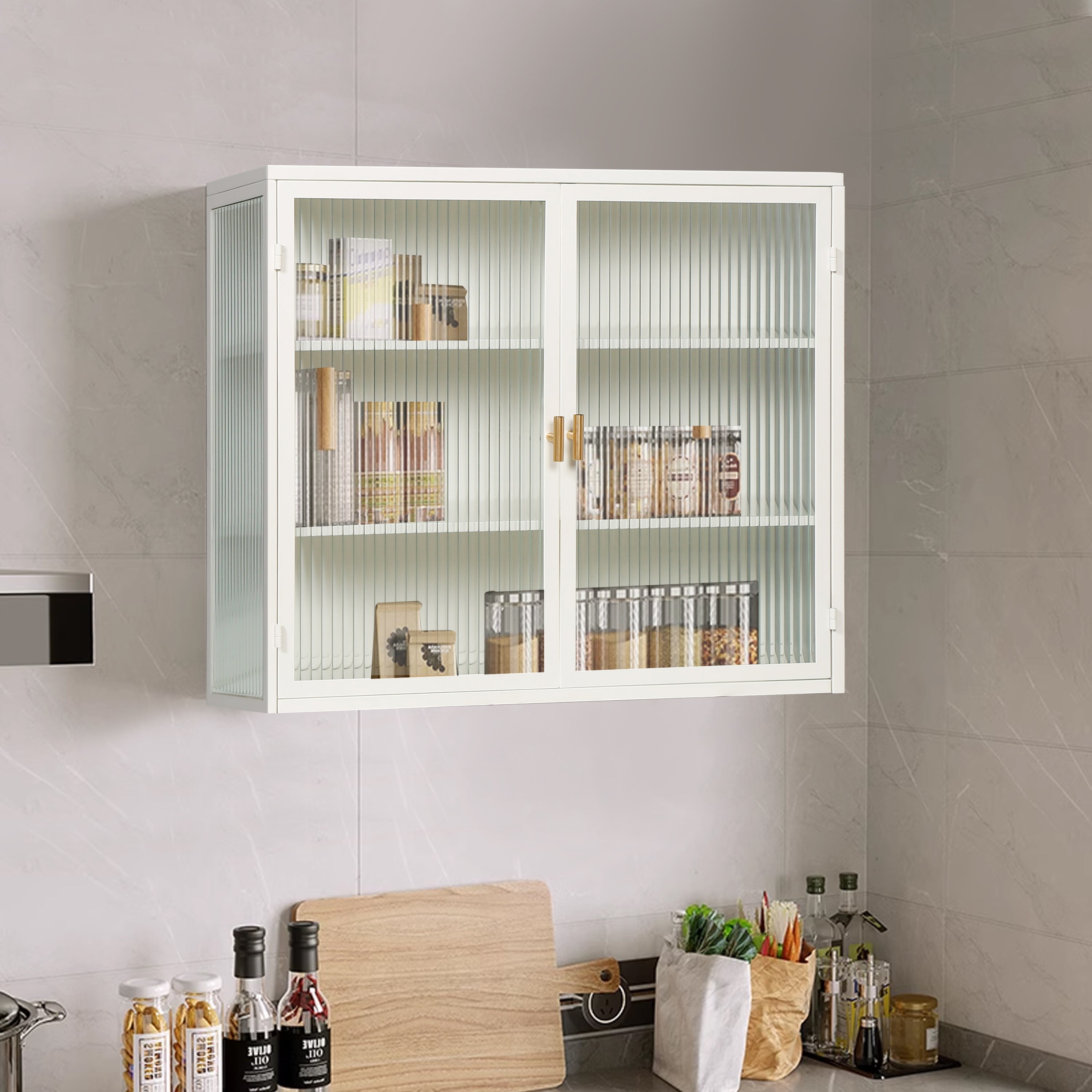 27.56"Glass Doors Modern Two-door Wall Cabinet with Featuring Three-tier White