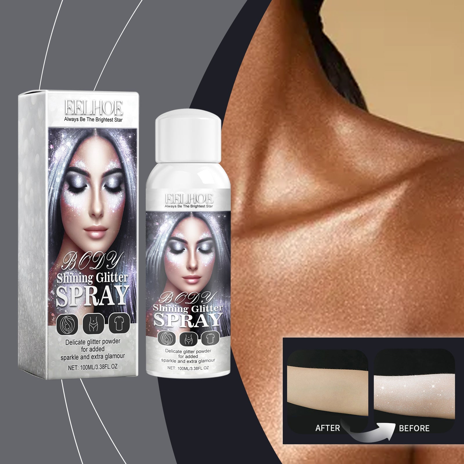 Body Glitter Spray, Body Glitter Highlight Spray Natural Stereo Long-Lasting Brightening Glitter Powder